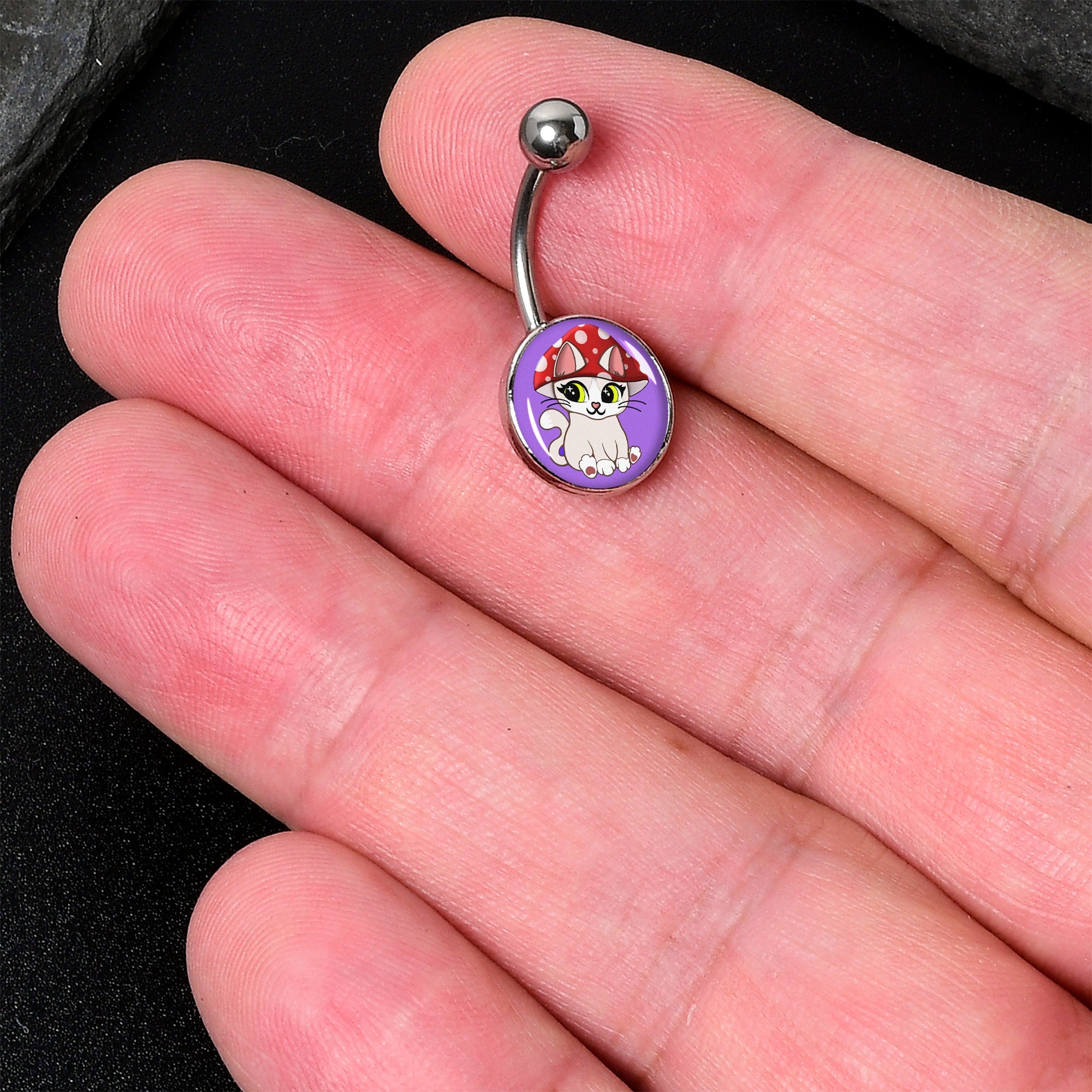 BodyCandy Polka Dot Mushroom Hat Cat Belly Ring by Onyx O — detail close-up