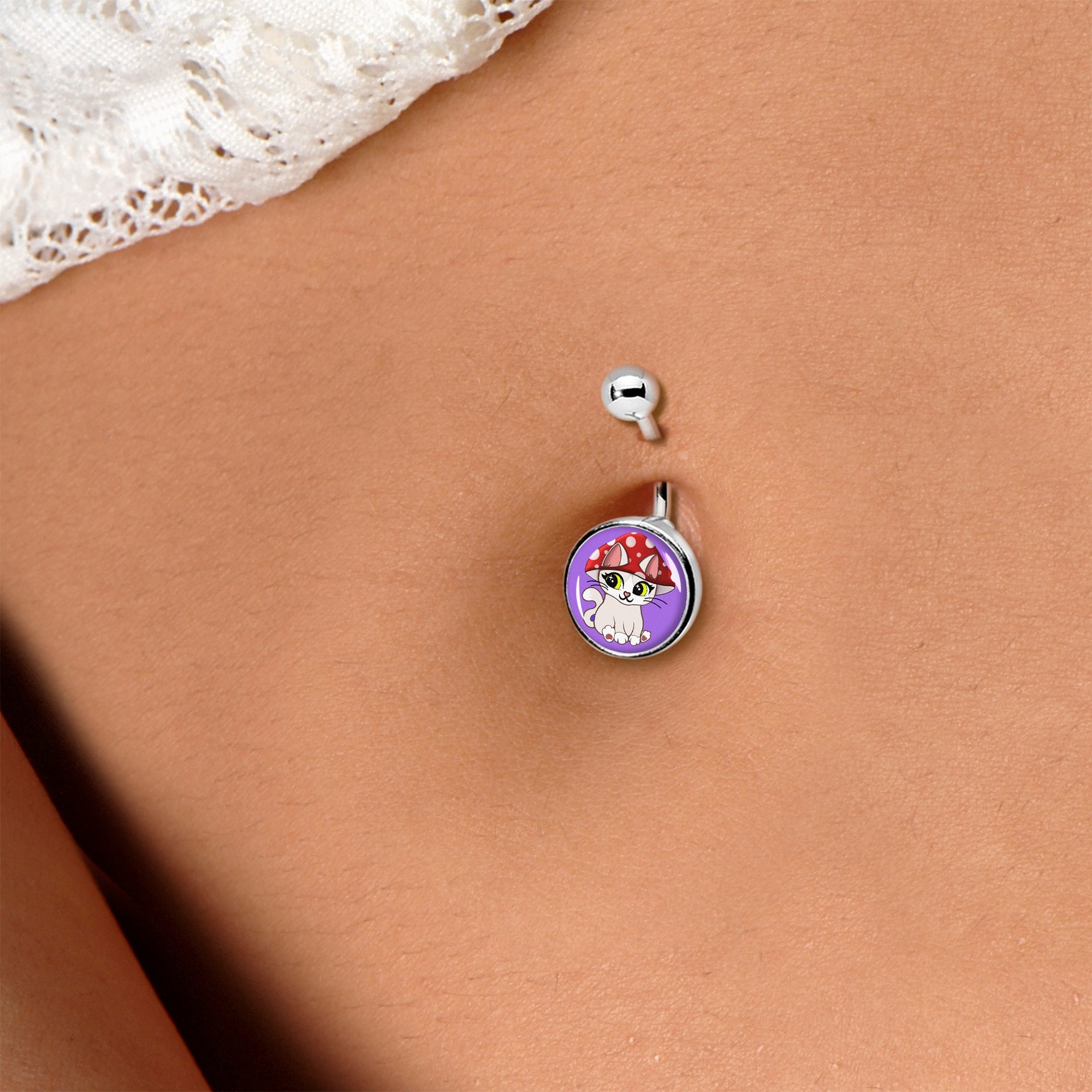 BodyCandy Polka Dot Mushroom Hat Cat Belly Ring by Onyx O — lifestyle context