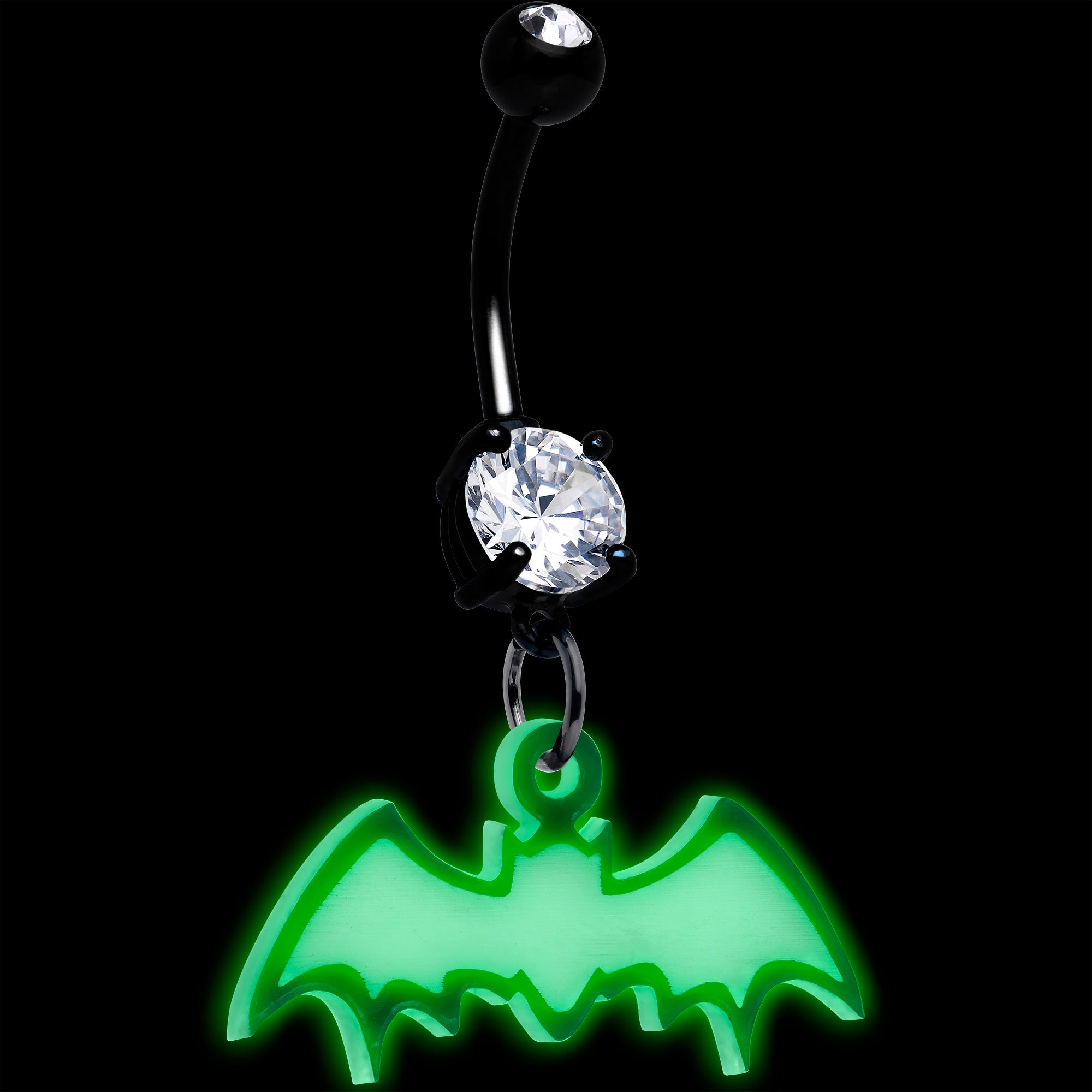 BodyCandy Glow in the Dark Dangle Bat Belly Ring by Onyx O — detail close-up