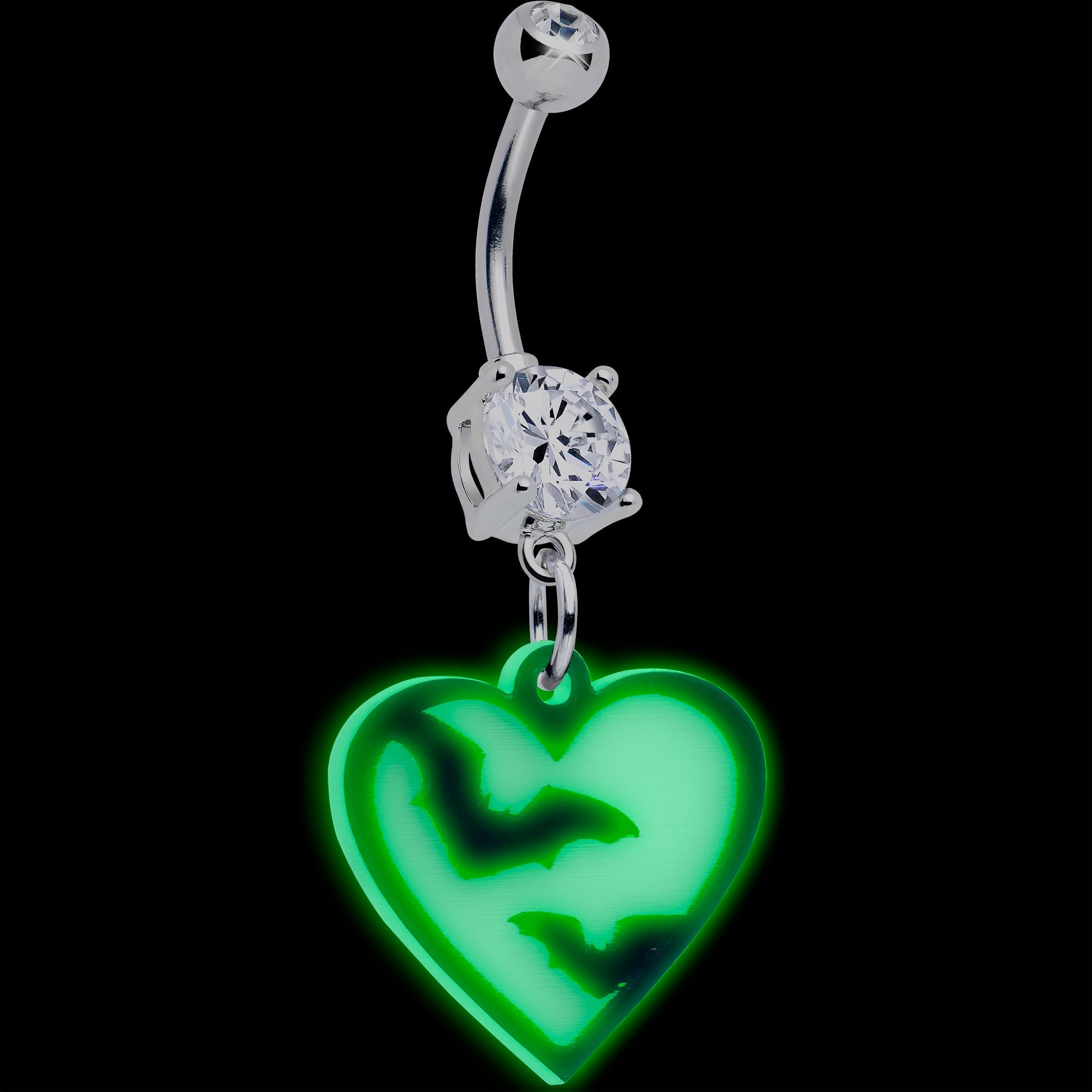 BodyCandy Flying Bat Heart Glow in the Dark Dangle Belly Ring by Onyx O — detail close-up