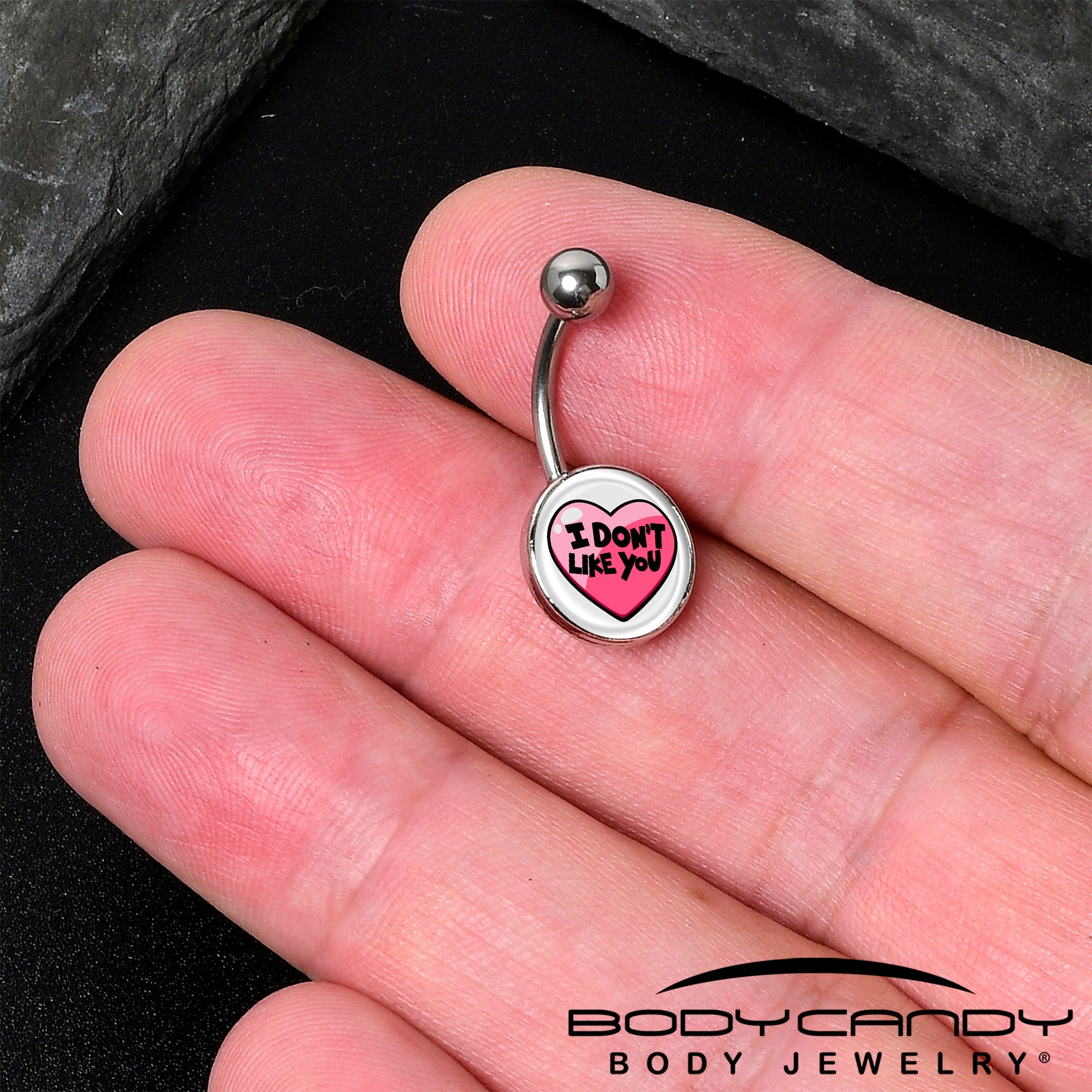 BodyCandy I Don't Like You Valentine Heart Belly Ring — detail close-up