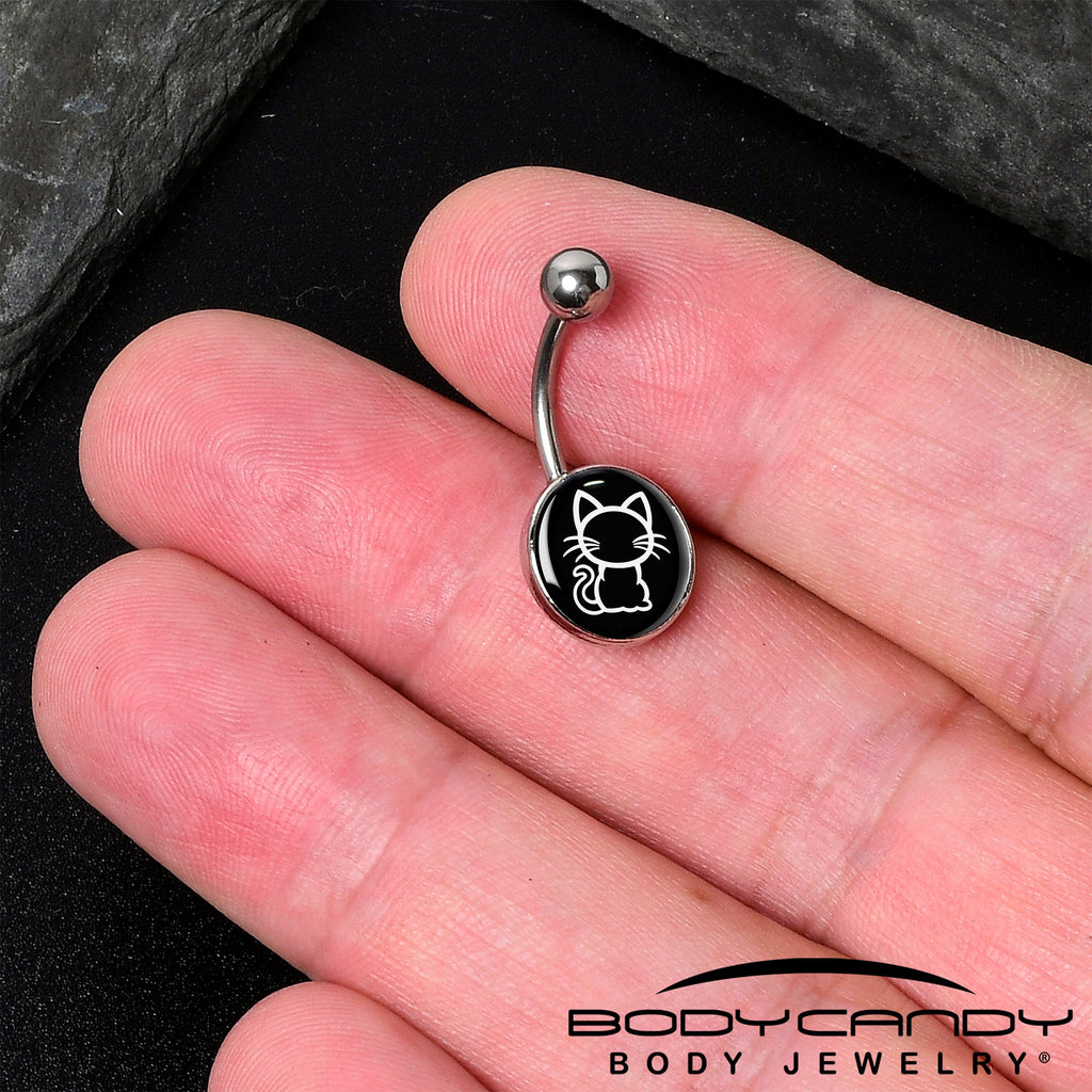 BodyCandy Black and White Kitty Cat Belly Ring by Onyx O — detail close-up