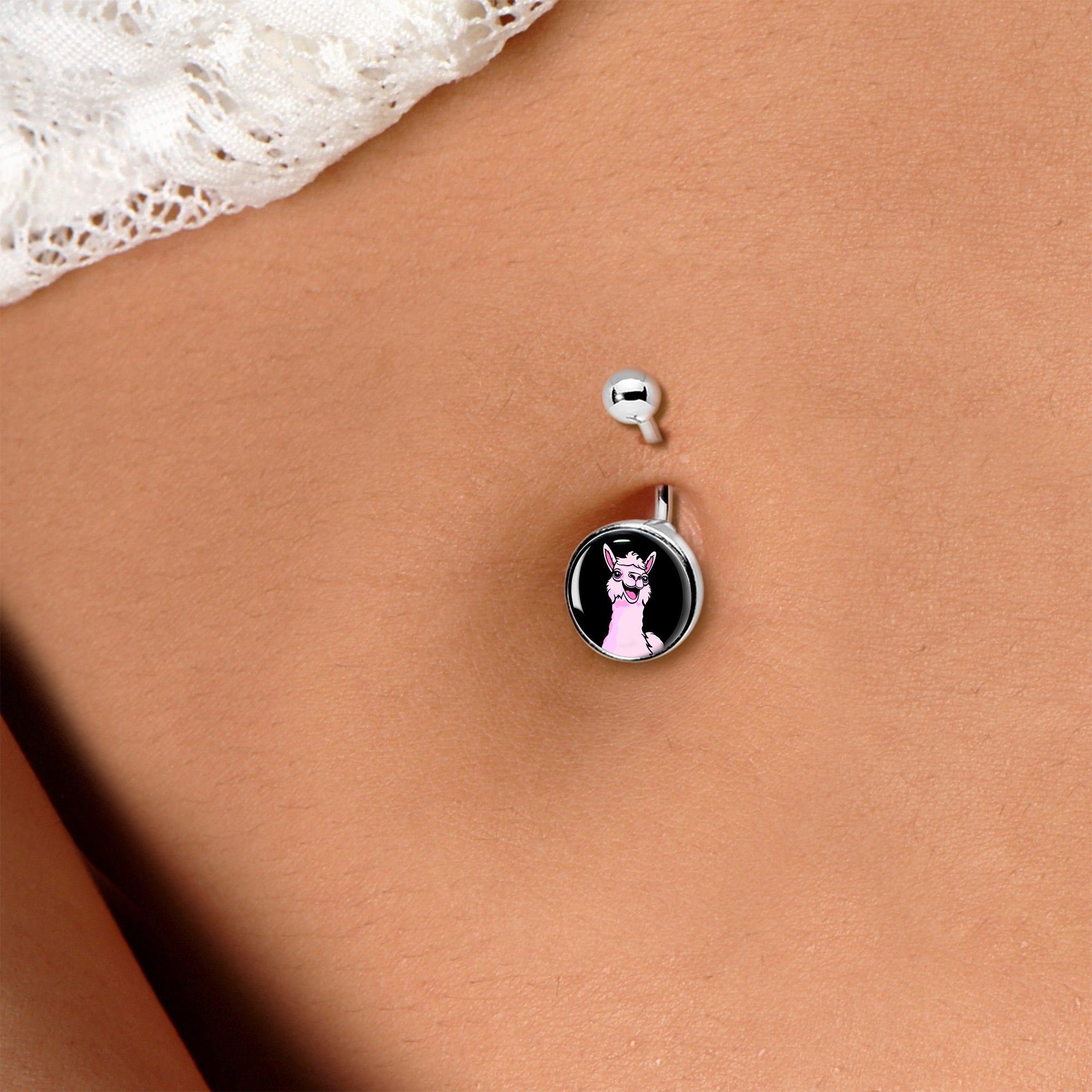 BodyCandy Pink Happy Llama Belly Ring by Onyx O — lifestyle context