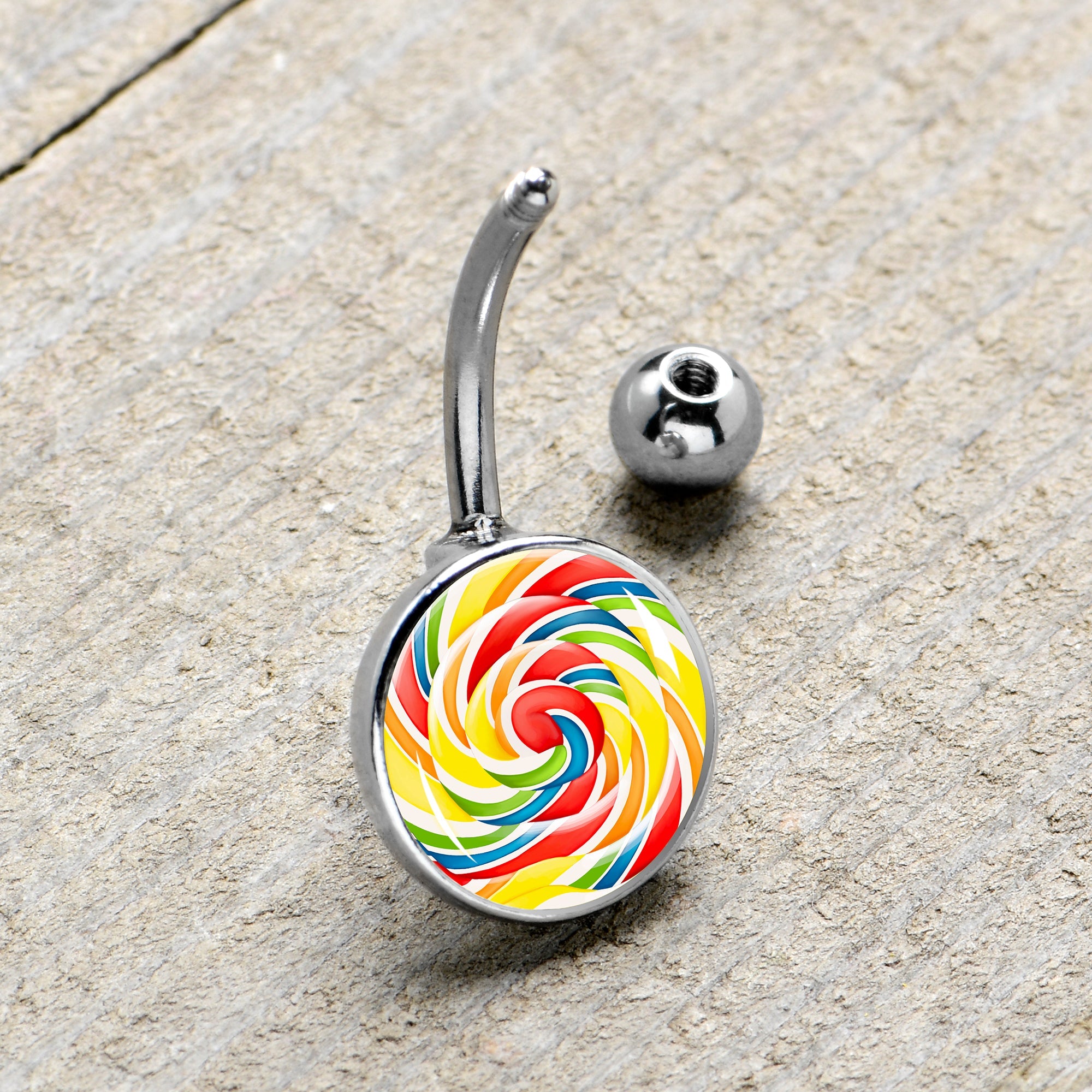 BodyCandy Rainbow Swirl Lollipop Belly Ring by Onyx O — side view