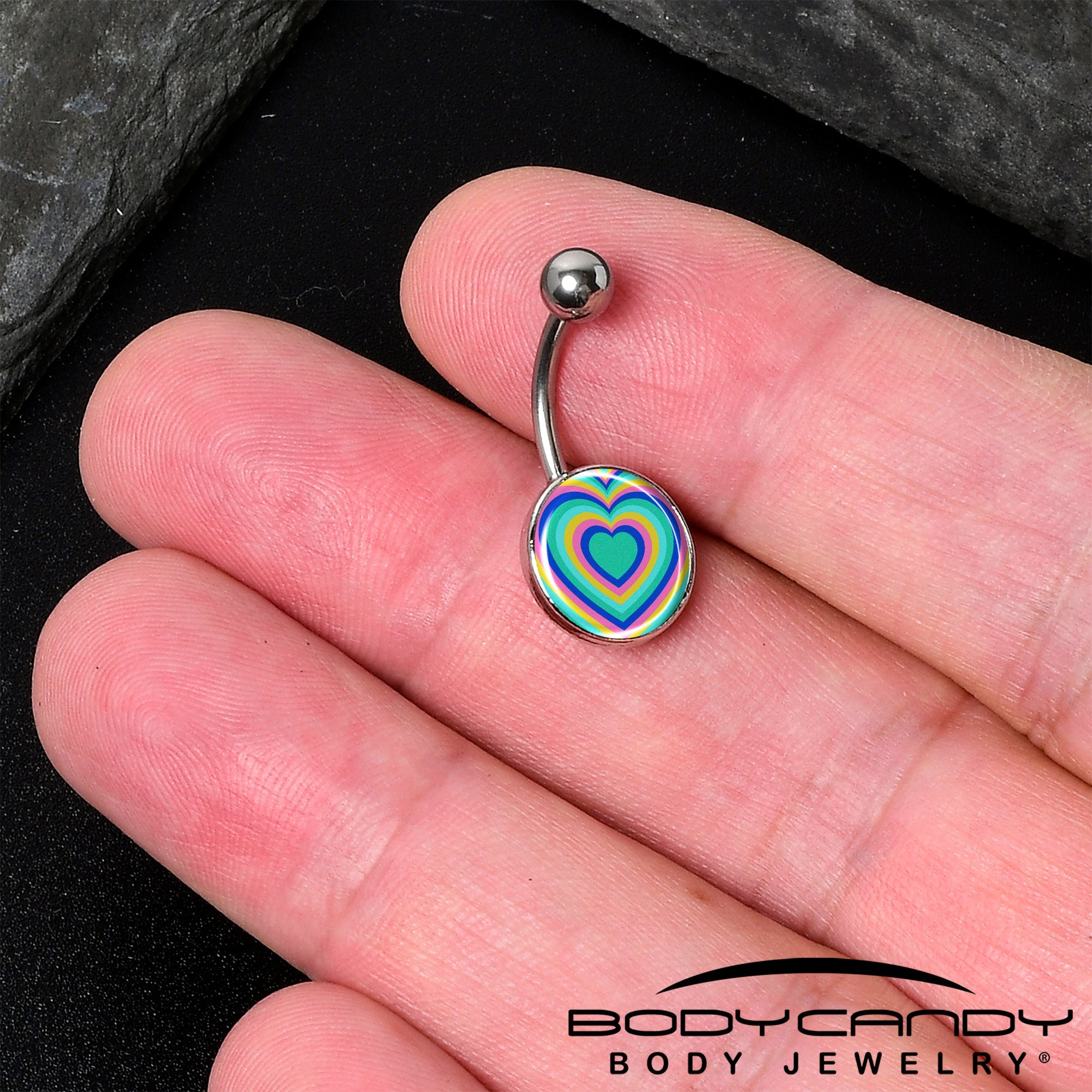 BodyCandy Rainbow Retro Heart Belly Ring by Onyx O — detail close-up