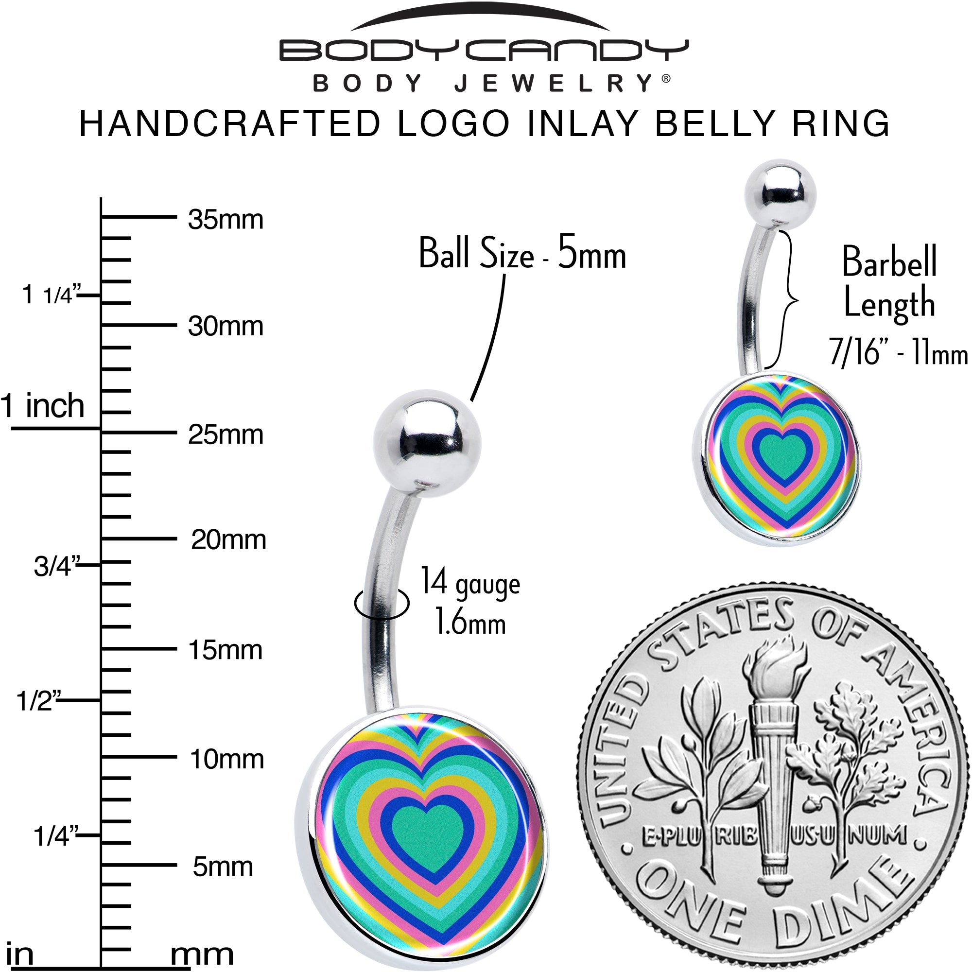 BodyCandy Rainbow Retro Heart Belly Ring by Onyx O — alternative angle