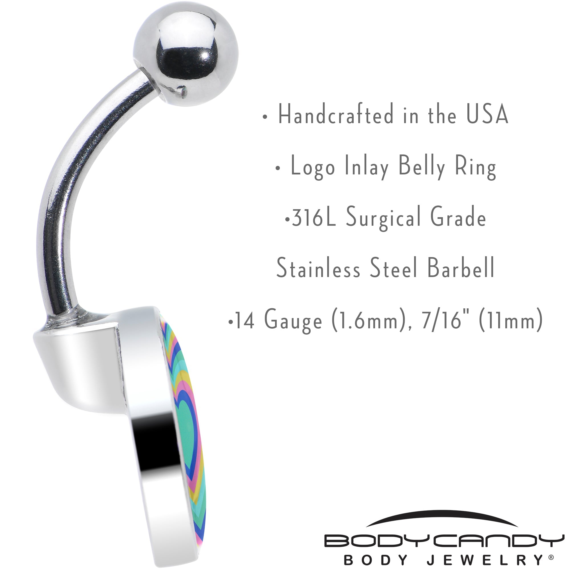 BodyCandy Rainbow Retro Heart Belly Ring by Onyx O — in-use photo