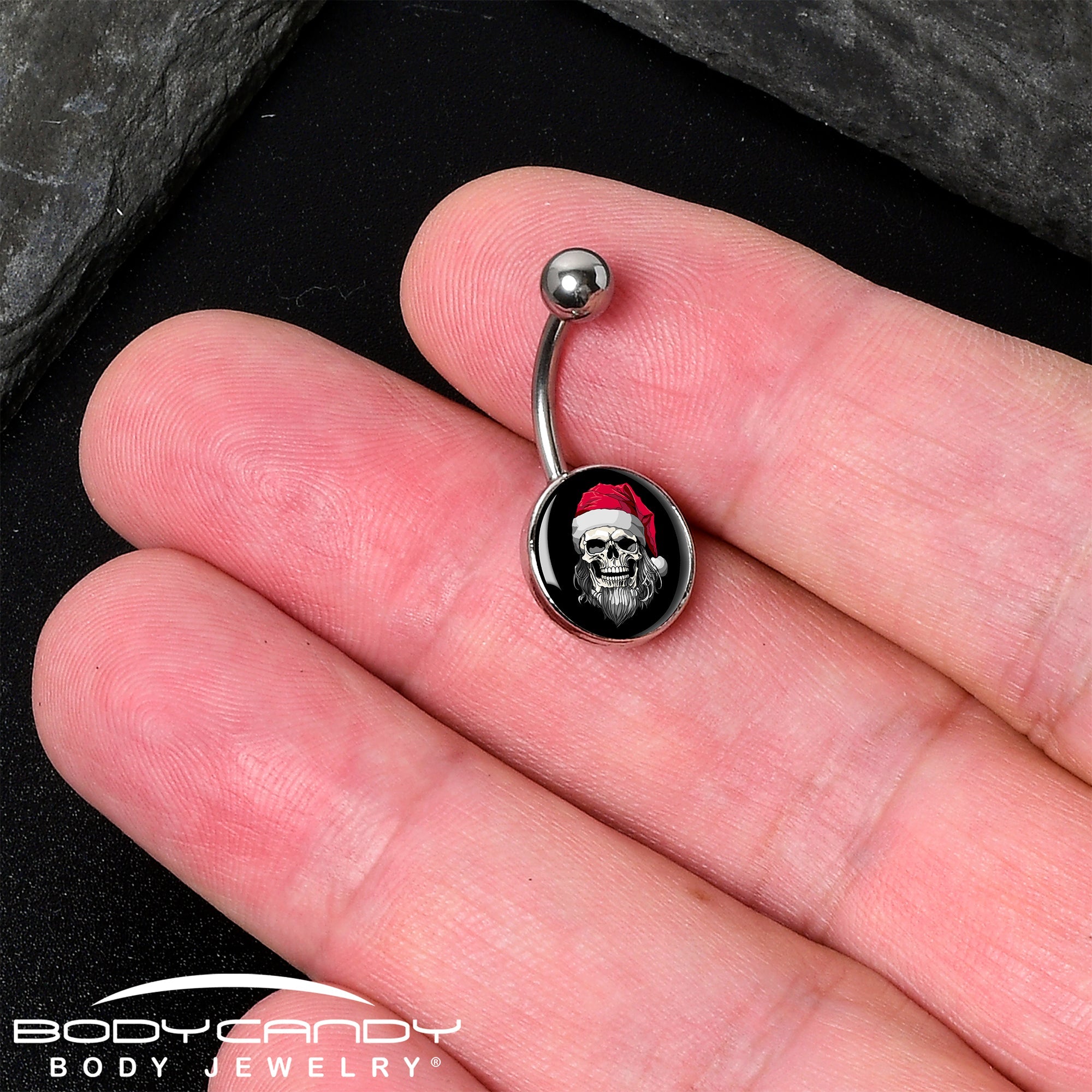 BodyCandy Holiday Skeleton Santa Claus Belly Ring by Onyx O — detail close-up