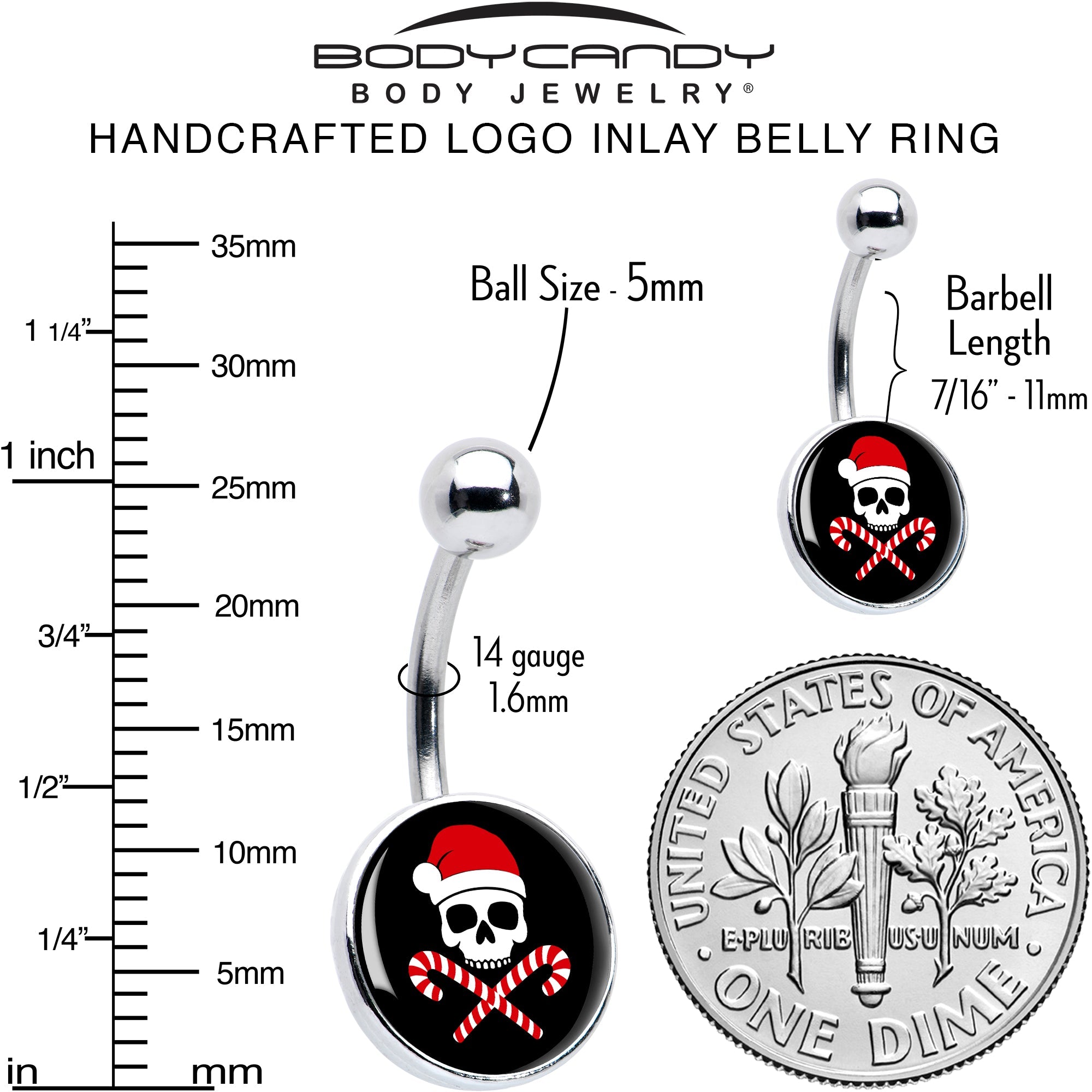 BodyCandy Santa Pirate Candy Cane Skull Belly Ring by Onyx O — alternative angle