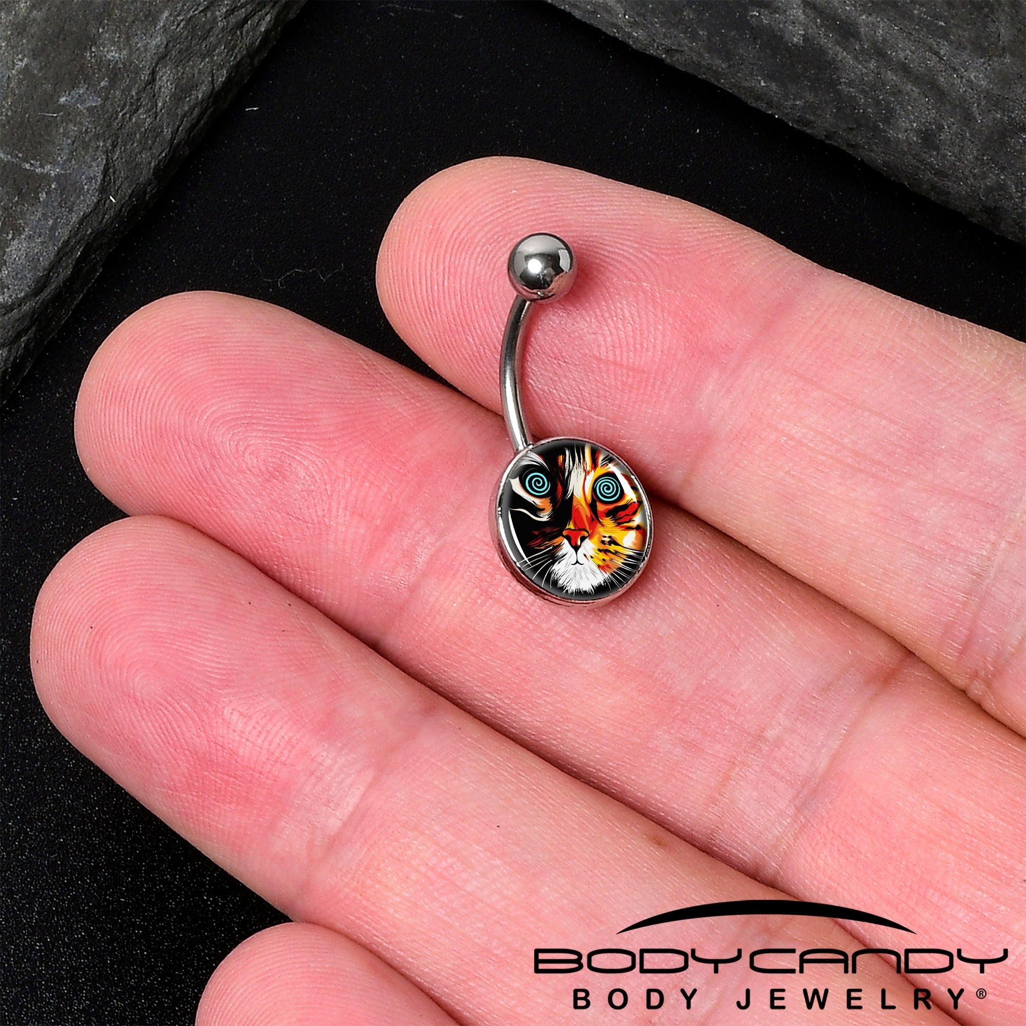 BodyCandy Colorful Trippy Cat Belly Ring by Onyx O — detail close-up