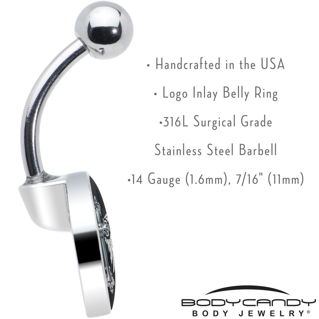 BodyCandy Black White Winged Cross Belly Ring by Onyx O — in-use photo