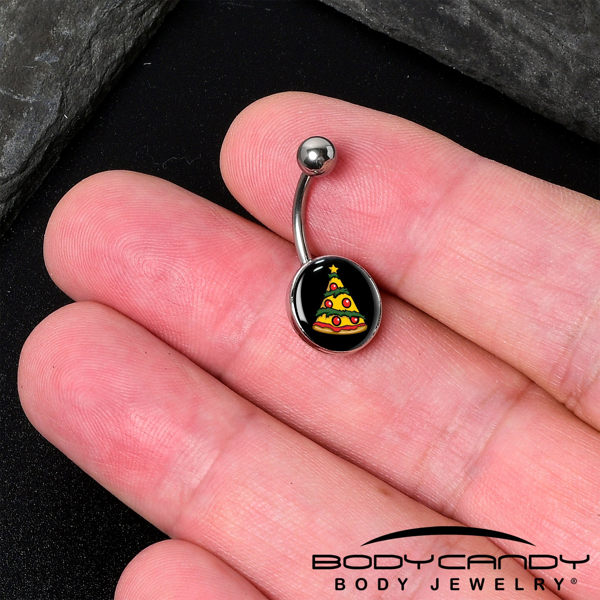 BodyCandy Christmas Holiday Pizza Tree Belly Ring by Onyx O — detail close-up
