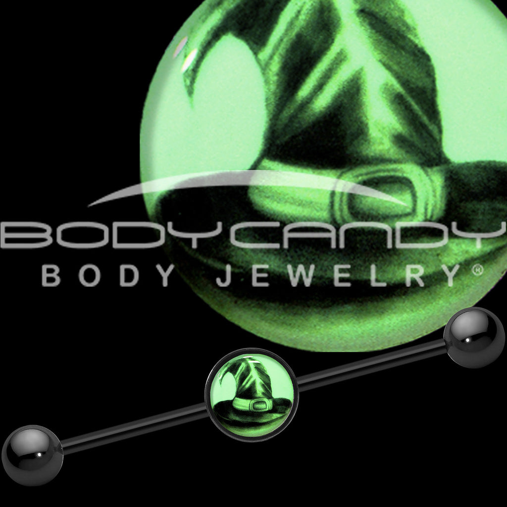 BodyCandy 14G Black Glow in the Dark Witch's Hat Industrial Barbell 37mm — detail close-up