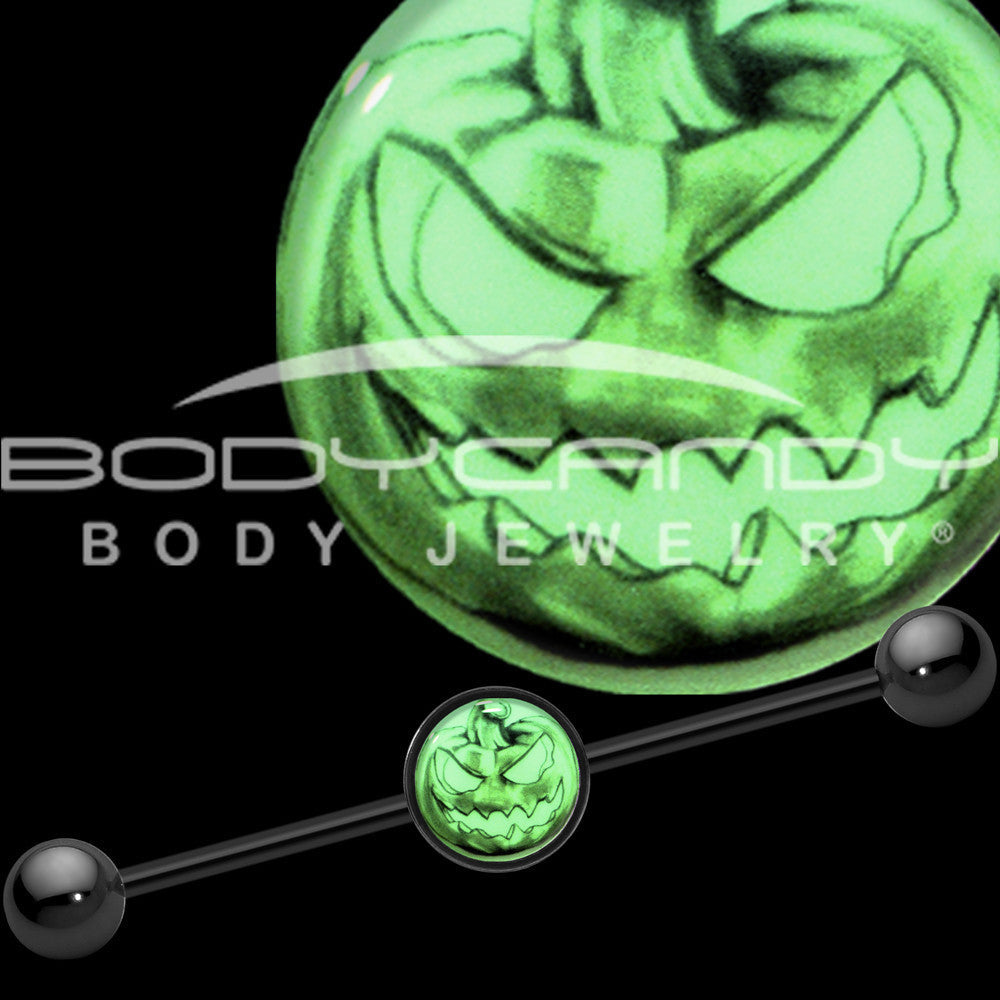 BodyCandy 14G Black Glow in the Dark Jack O Lantern Industrial Barbell 37mm — main product shot