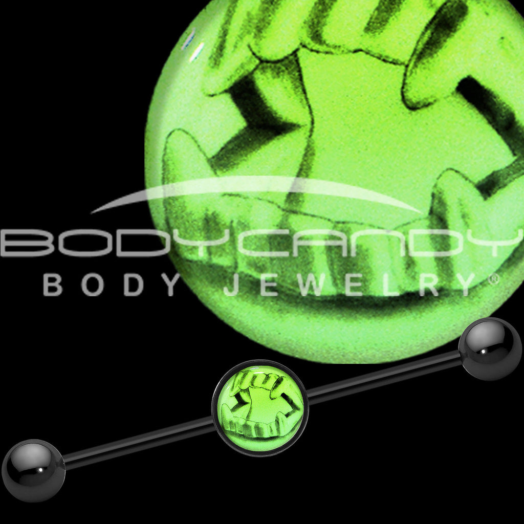 BodyCandy 14G Black Glow in the Dark Fearsome Fangs Industrial Barbell 37mm — detail close-up
