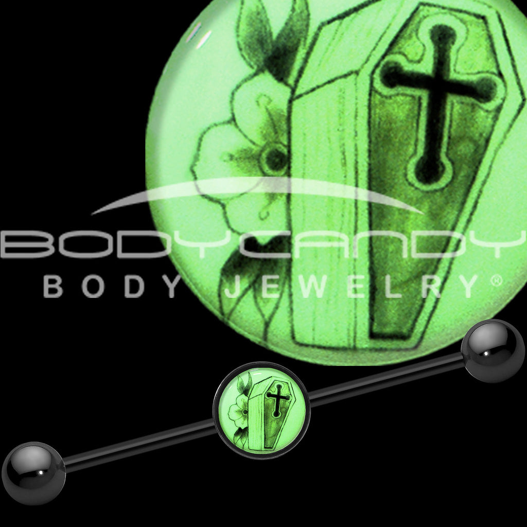 BodyCandy 14G Black Glow in the Dark Coffin Flower Industrial Barbell 37mm — detail close-up