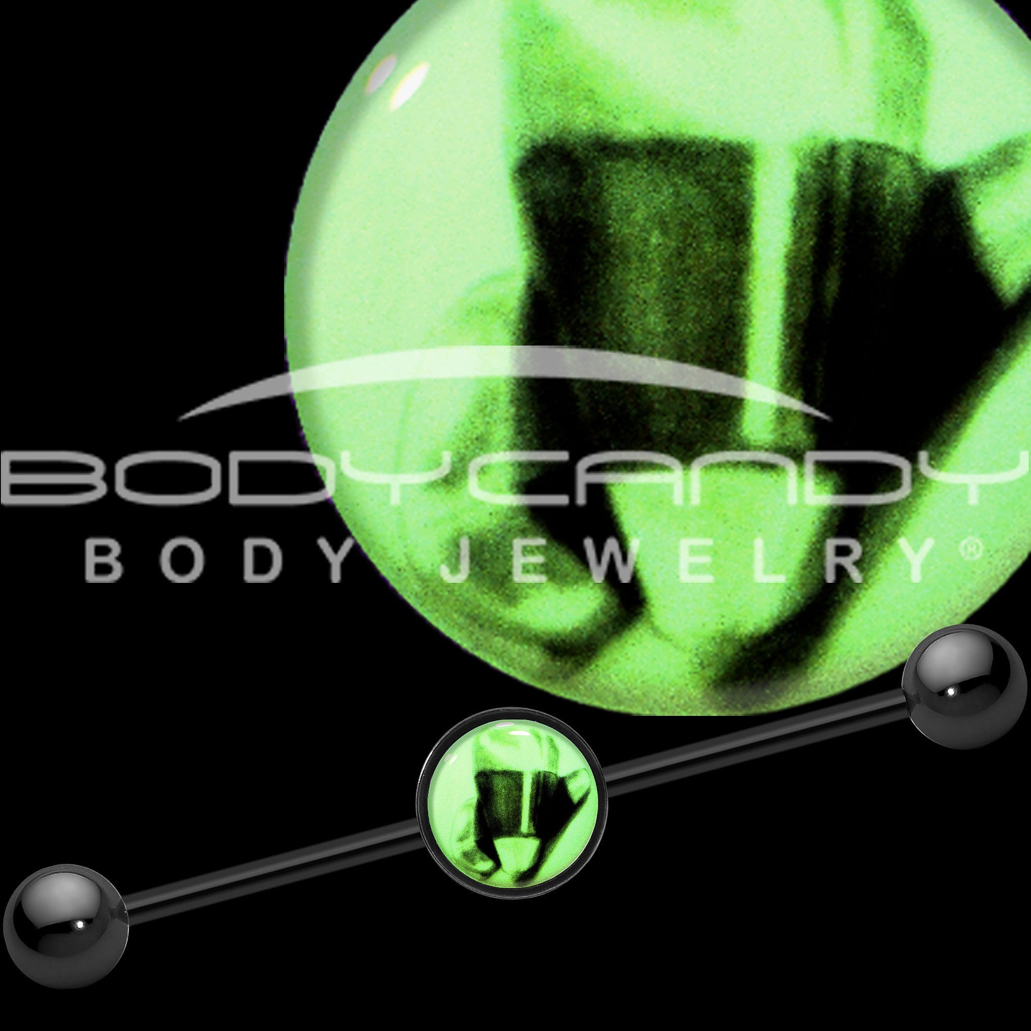 BodyCandy 14G Black Glow in the Dark Candy Corn Industrial Barbell 37mm — detail close-up