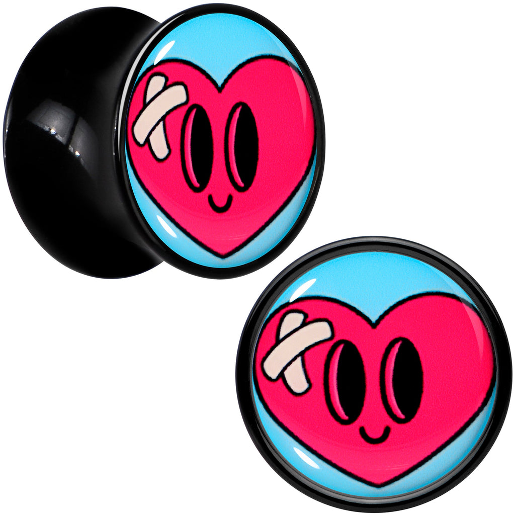 BodyCandy Black Acrylic Heartbreak Bandaged Heart Double Flare Plug Set by Onyx O — detail close-up