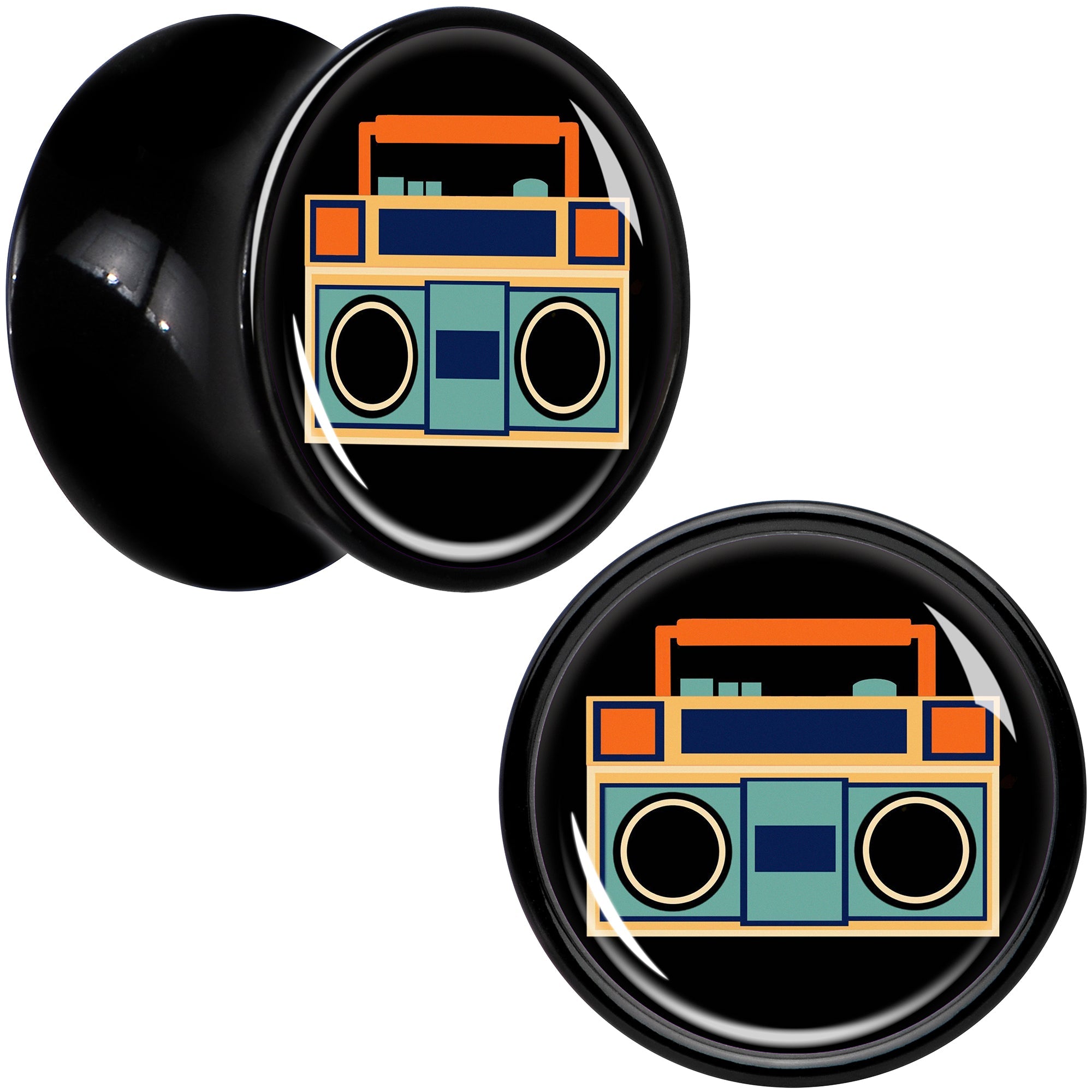 BodyCandy Black Acrylic Retro Boombox Double Flare Plug Set by Onyx O — in-use photo