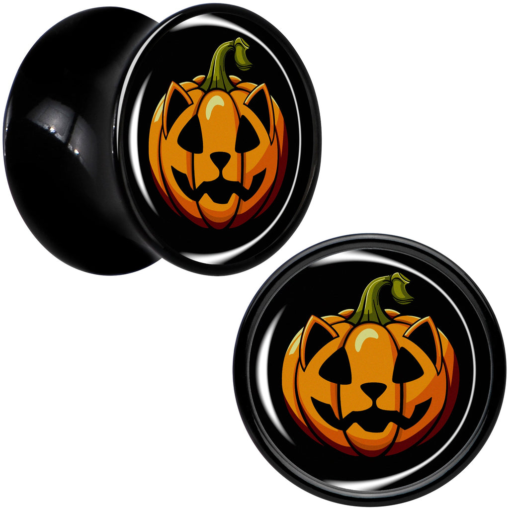 BodyCandy Orange Pumpkin Cat Jack-O-Lantern Black Acrylic Saddle Plug Set by Onyx O — in-use photo