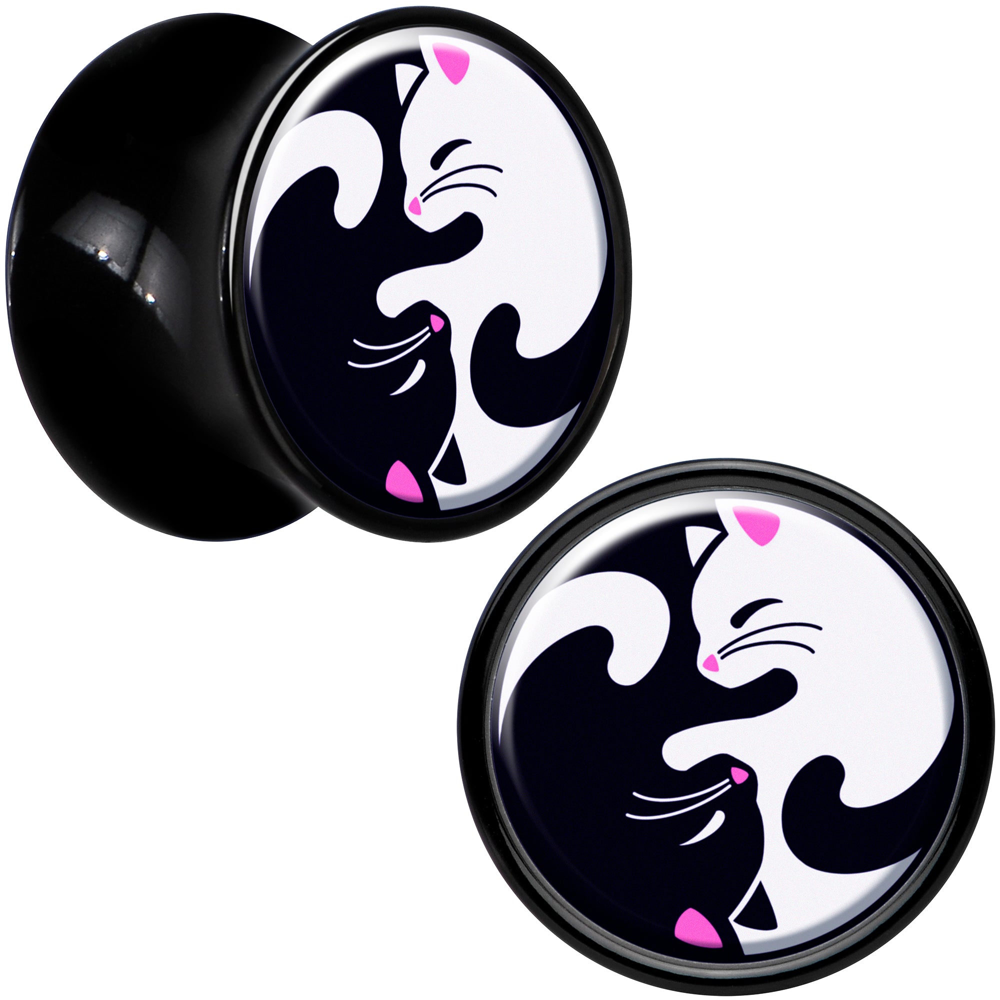 BodyCandy Black Acrylic Cute Kitty Cat Yin Yang Double Flare Plug Set by Onyx O — in-use photo