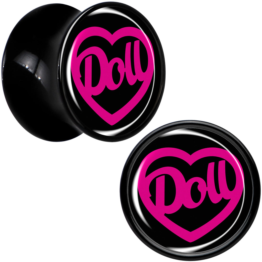 BodyCandy Hollow Heart Doll Word Black Acrylic Saddle Plug Set by Onyx O — detail close-up