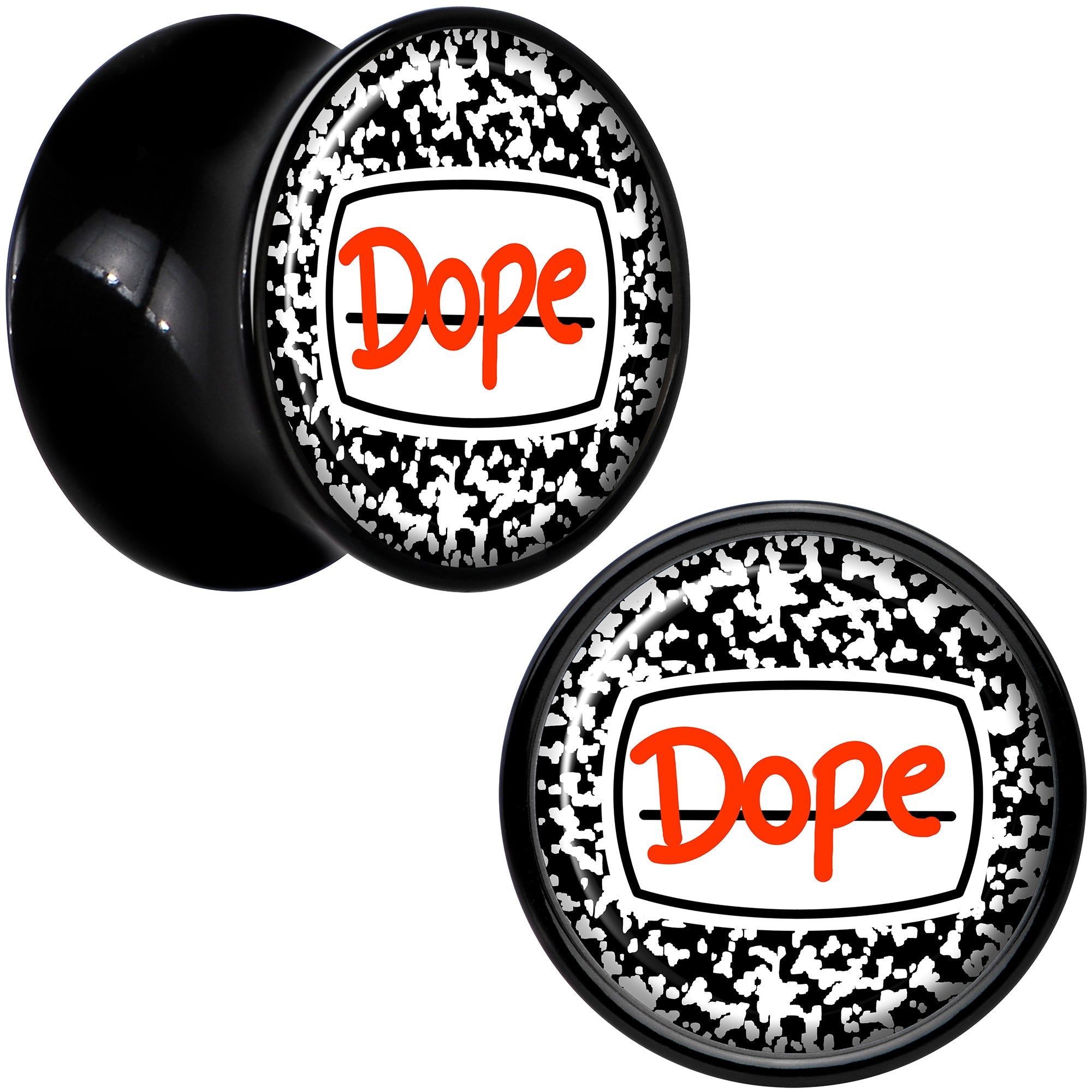 BodyCandy 0G Dope Composition Notebook Black Acrylic Saddle Plug Set by Onyx O — detail close-up