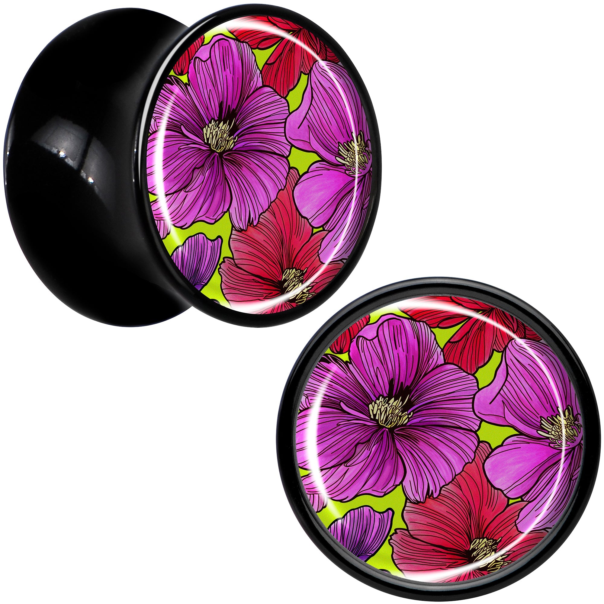 BodyCandy Blossom Creation Tropical Floral Flowers Black Acrylic Saddle Plug Set by Onyx O — in-use photo