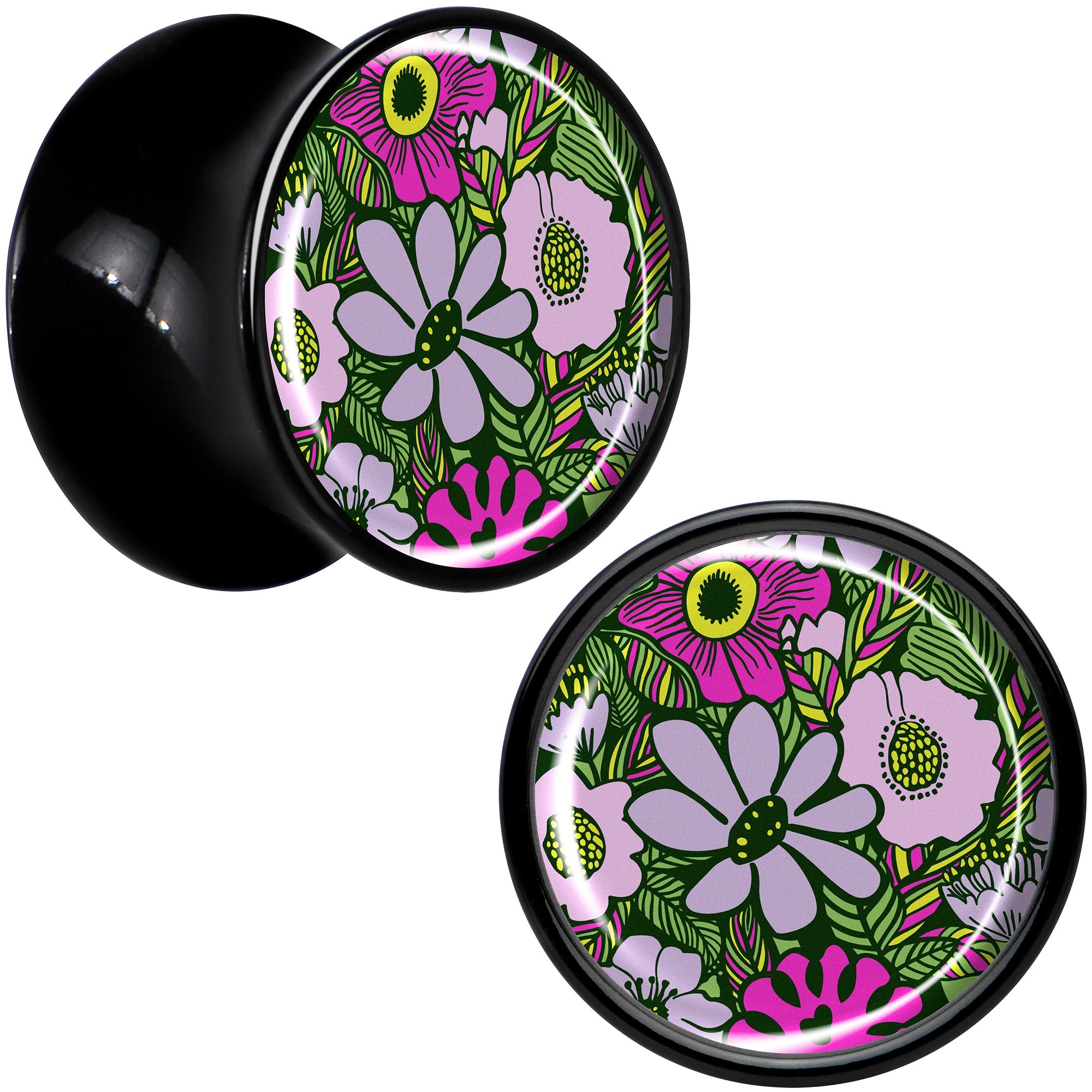 BodyCandy Blossom Creation Paradise of Pink Flowers Black Acrylic Saddle Plug Set by Onyx O — in-use photo