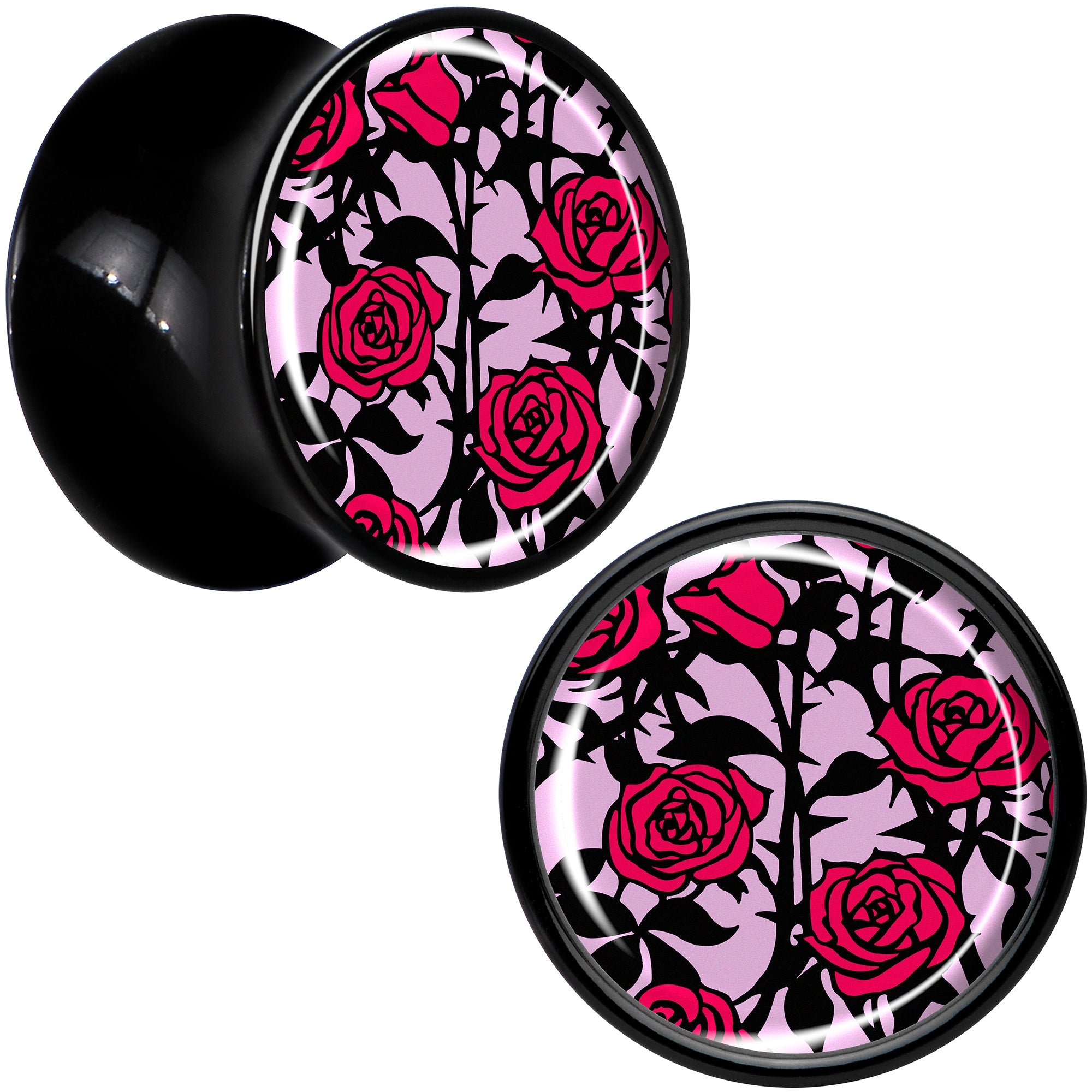 BodyCandy Blossom Creation Floral Love of Roses Black Acrylic Saddle Plug Set by Onyx O — detail close-up