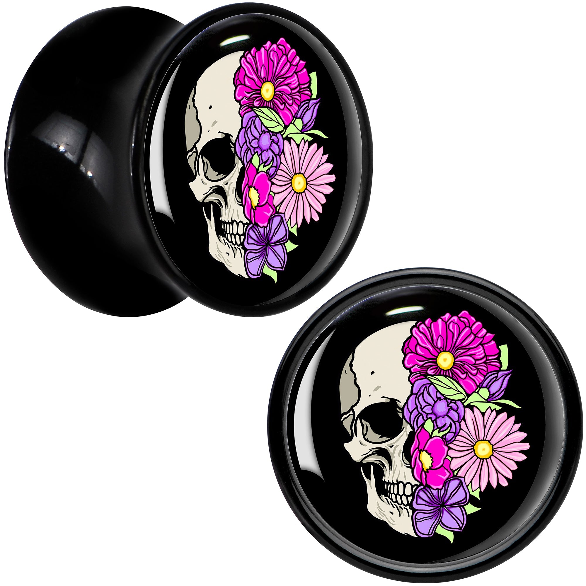 BodyCandy Floral Flowers Skull Black Acrylic Saddle Plug Set 8mm to 20mm by Onyx O — detail close-up
