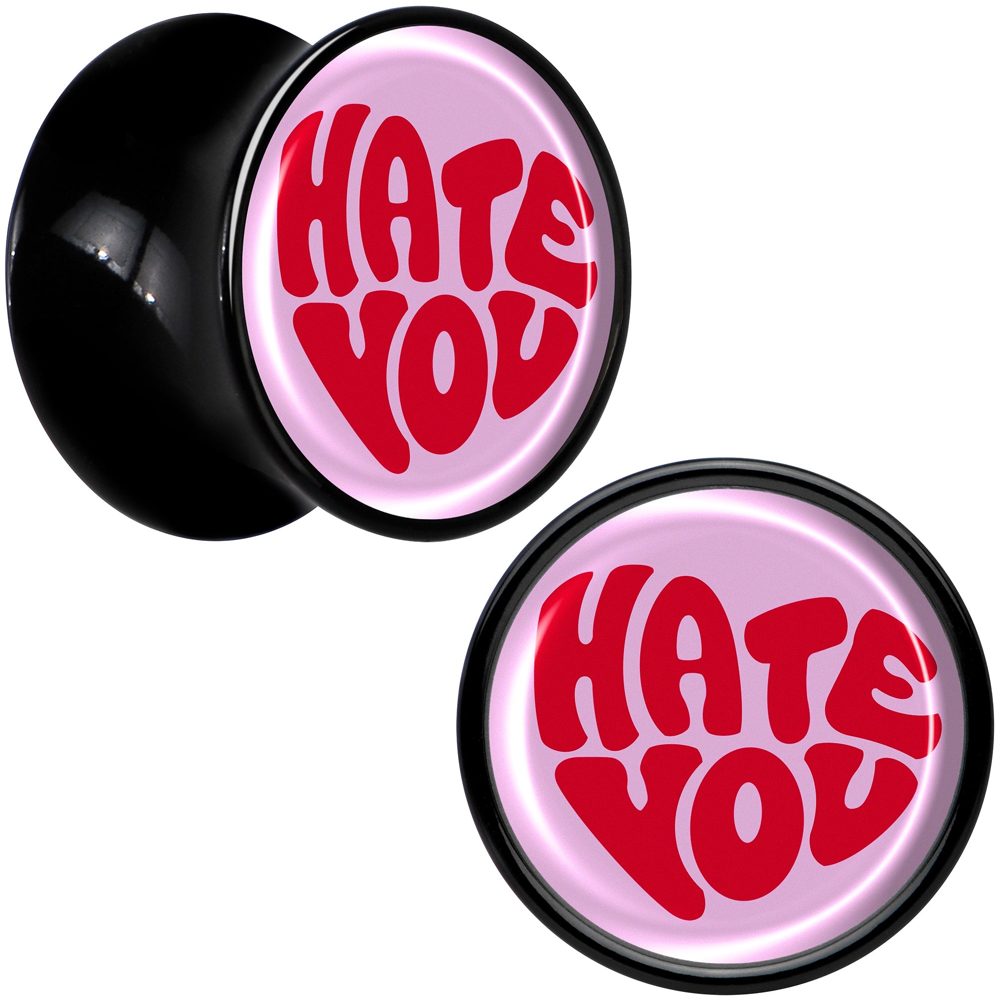 BodyCandy Retro Text Hate You Black Acrylic Saddle Plug Set by Onyx O — in-use photo