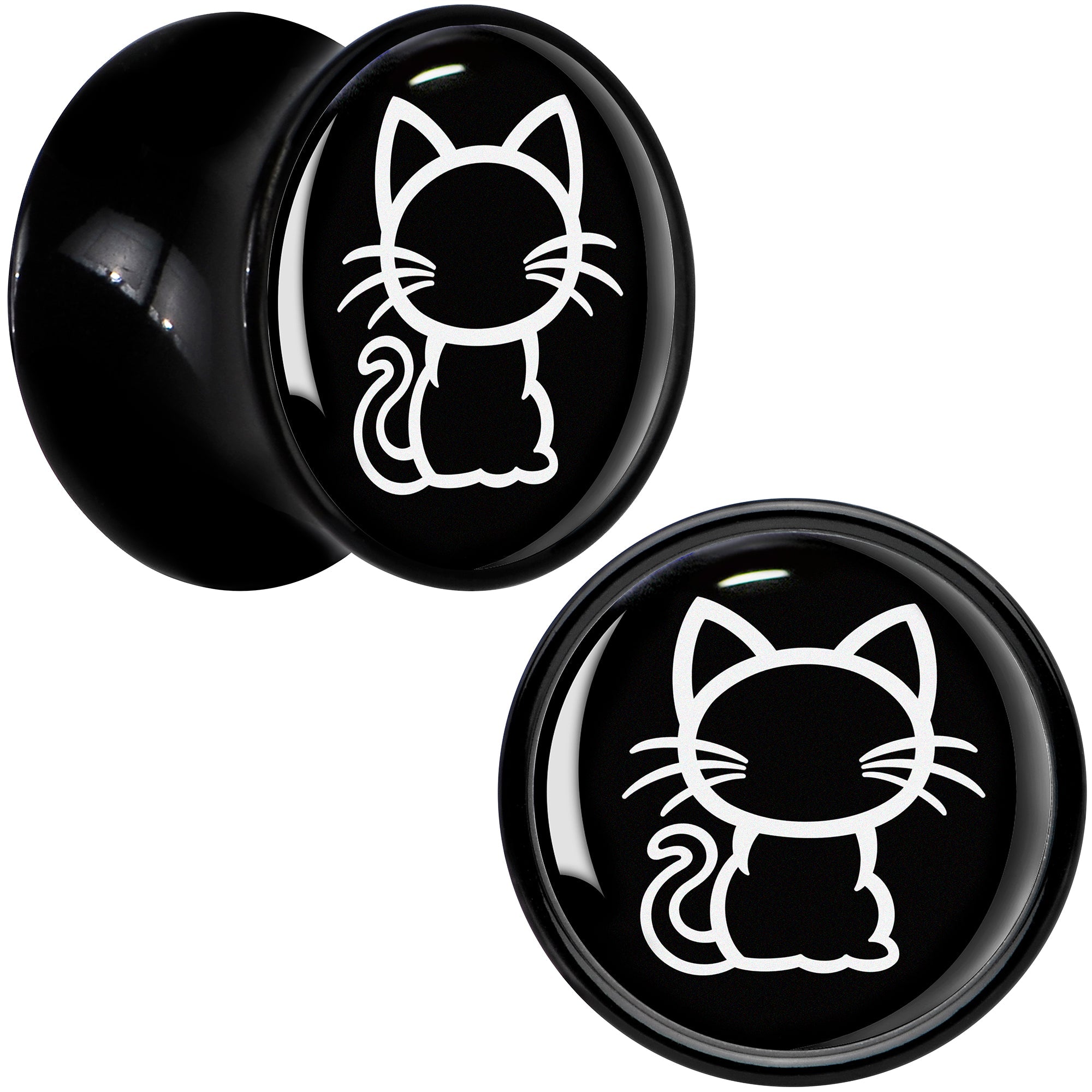 BodyCandy Black and White Kitty Cat Black Acrylic Saddle Plug Set 8mm to 20mm by Onyx O — detail close-up