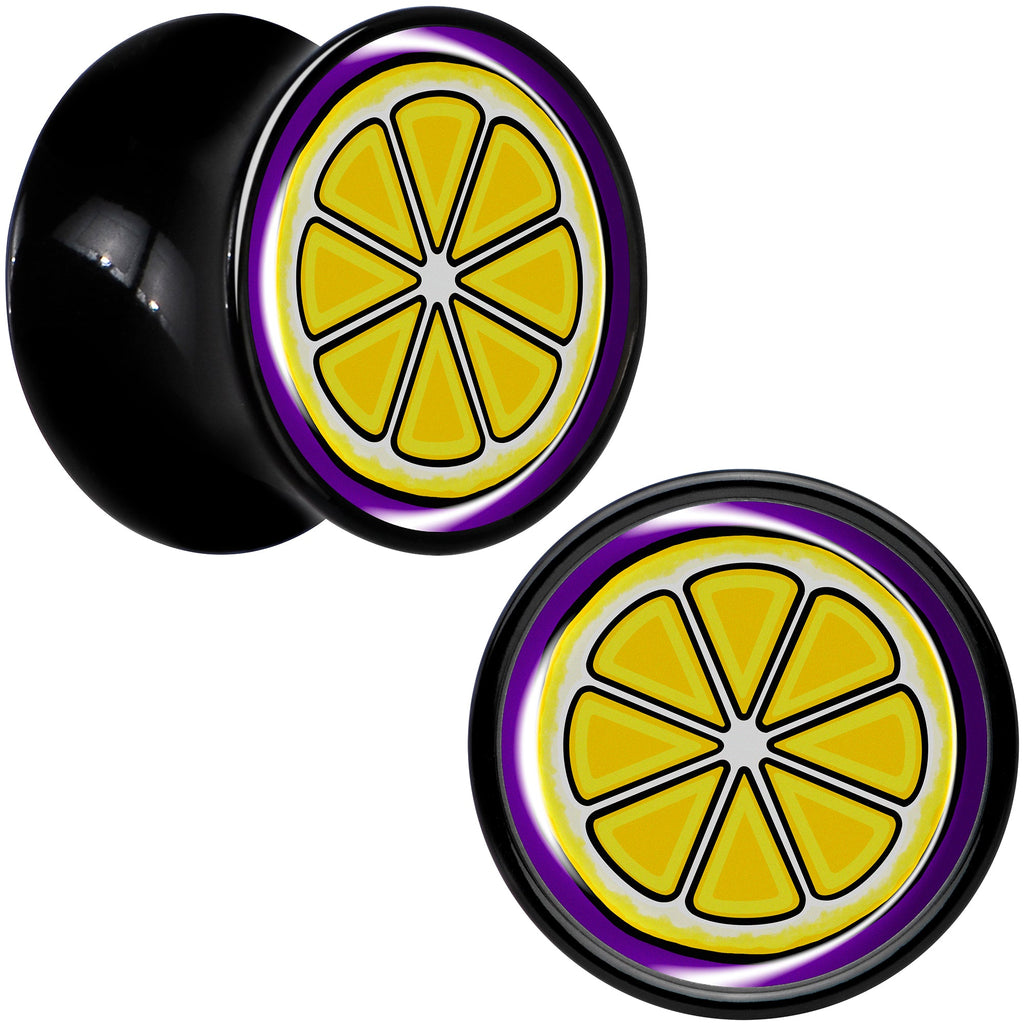 BodyCandy Yellow Slice of Lemon Black Acrylic Saddle Plug Set by Onyx O — detail close-up
