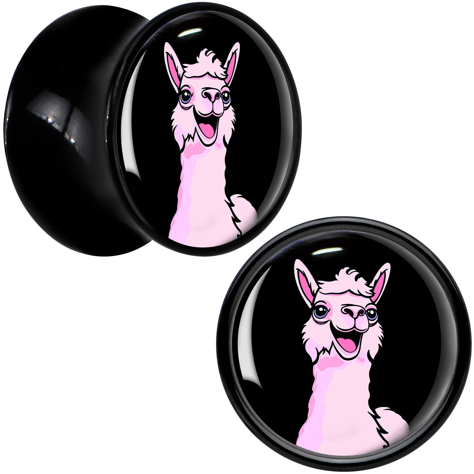 BodyCandy Pink Happy Llama Black Acrylic Saddle Plug Set 8mm to 20mm by Onyx O — detail close-up