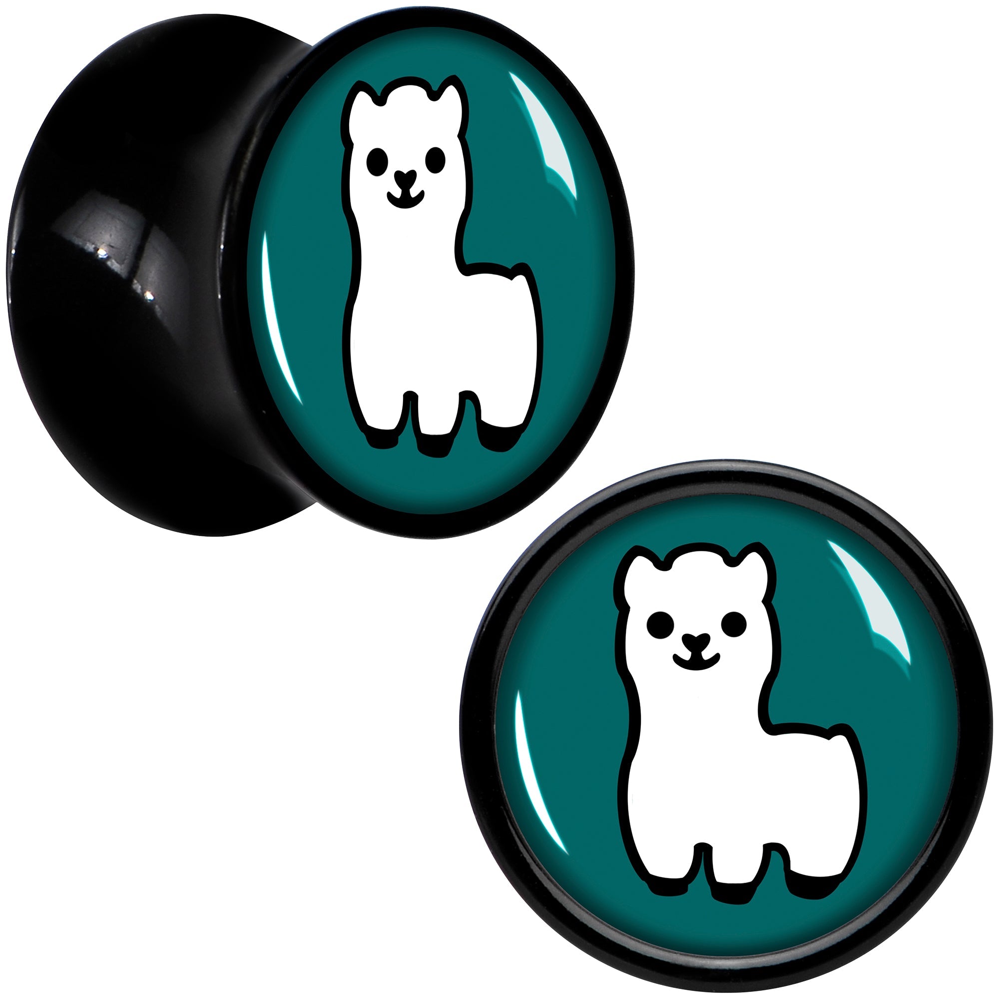 BodyCandy White Llama Black Acrylic Saddle Plug Set 8mm to 20mm by Onyx O — in-use photo
