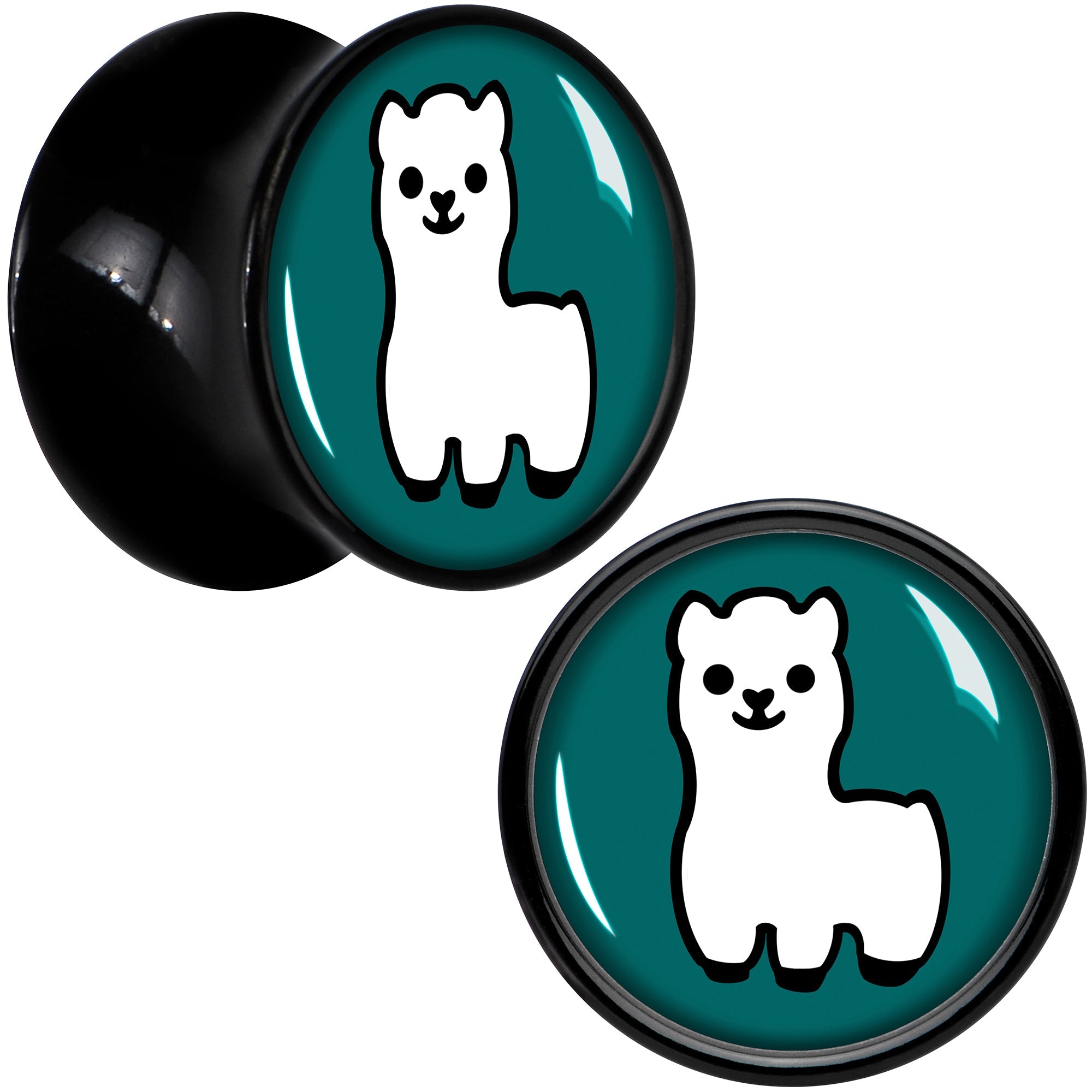 BodyCandy White Llama Black Acrylic Saddle Plug Set 8mm to 20mm by Onyx O — color detail