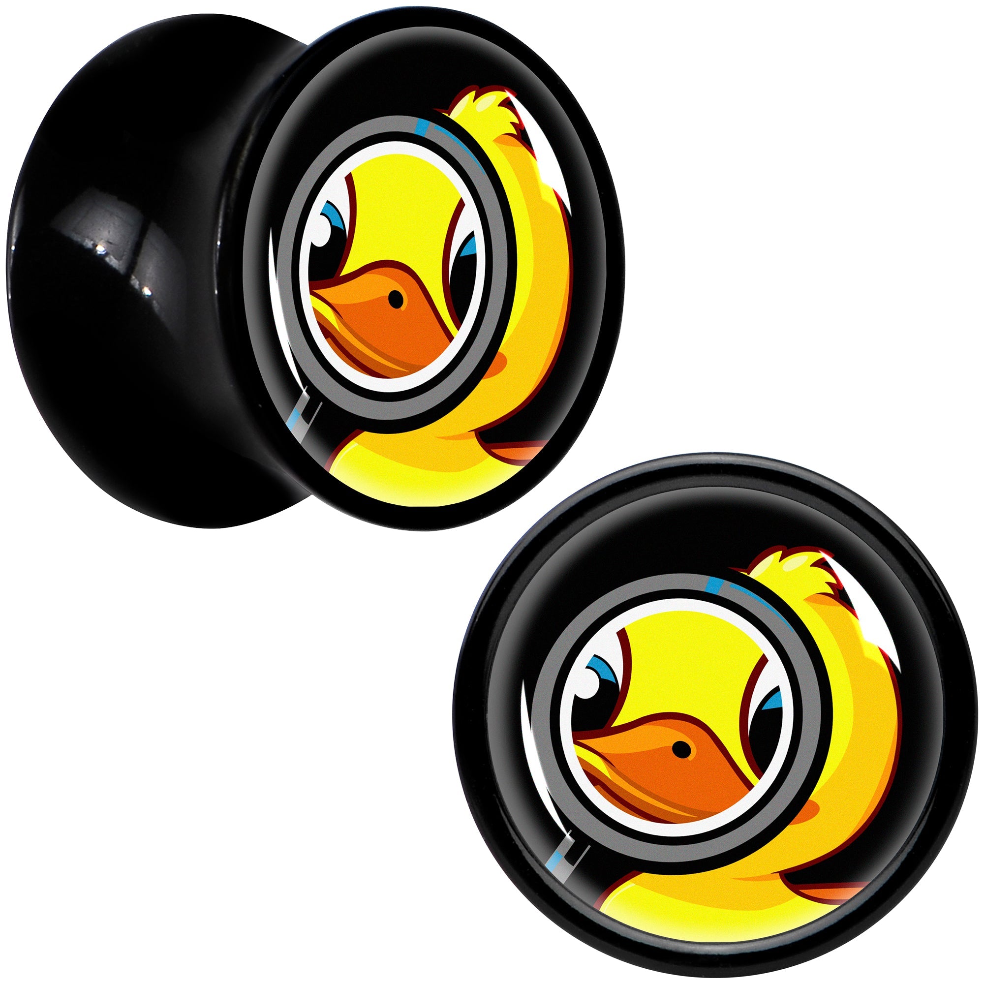 BodyCandy Magnified Yellow Duck Black Acrylic Saddle Plug Set 8mm to 20mm by Onyx O — in-use photo