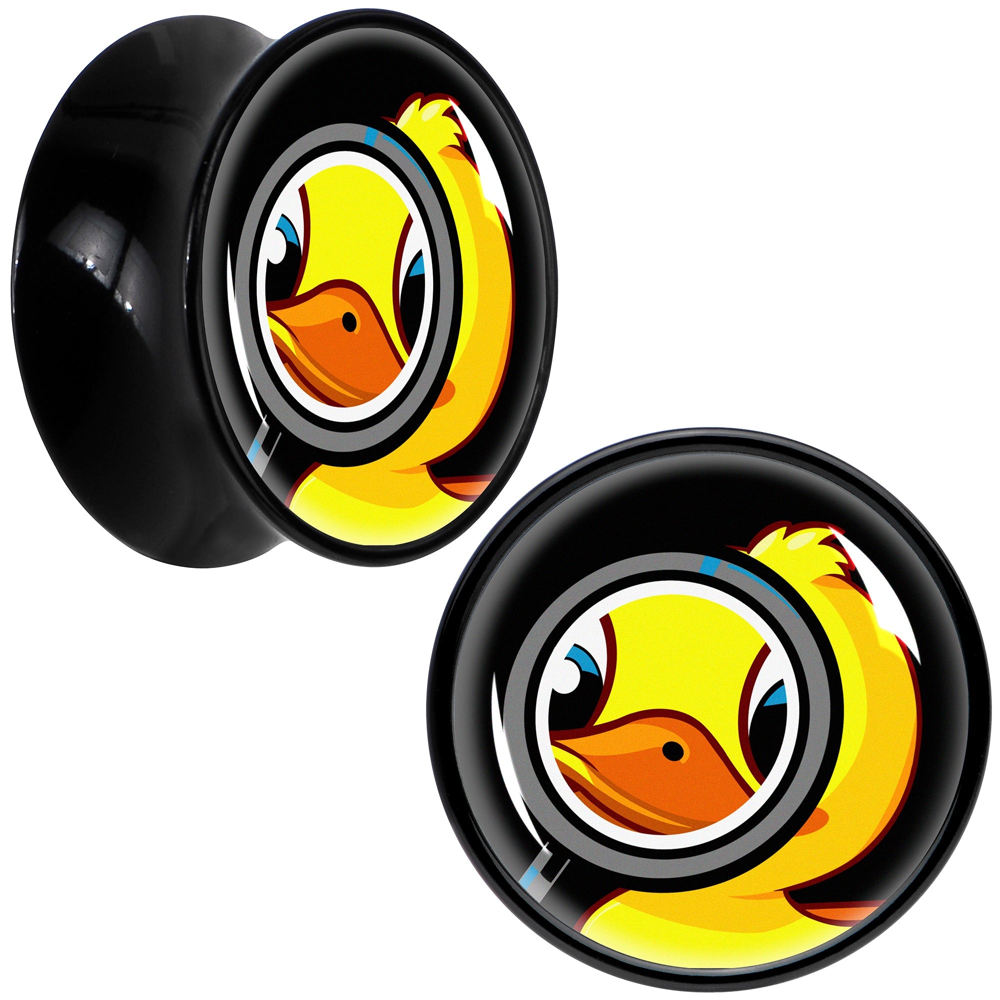 BodyCandy Magnified Yellow Duck Black Acrylic Saddle Plug Set 8mm to 20mm by Onyx O — comparison shot