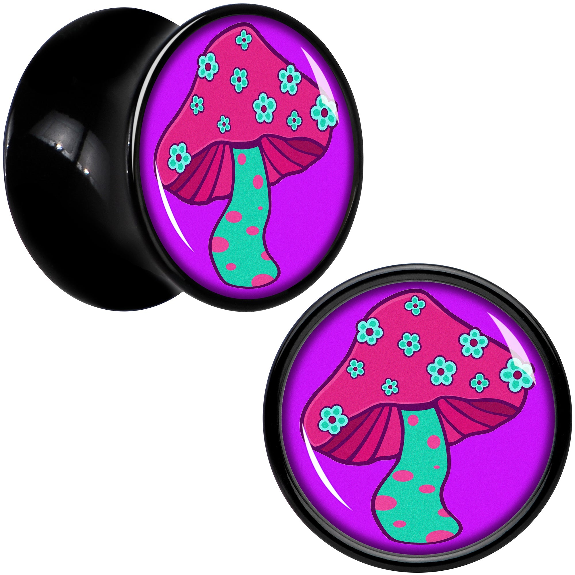 BodyCandy Black Acrylic Funky Floral Mushroom Double Flare Plug Set by Onyx O — detail close-up