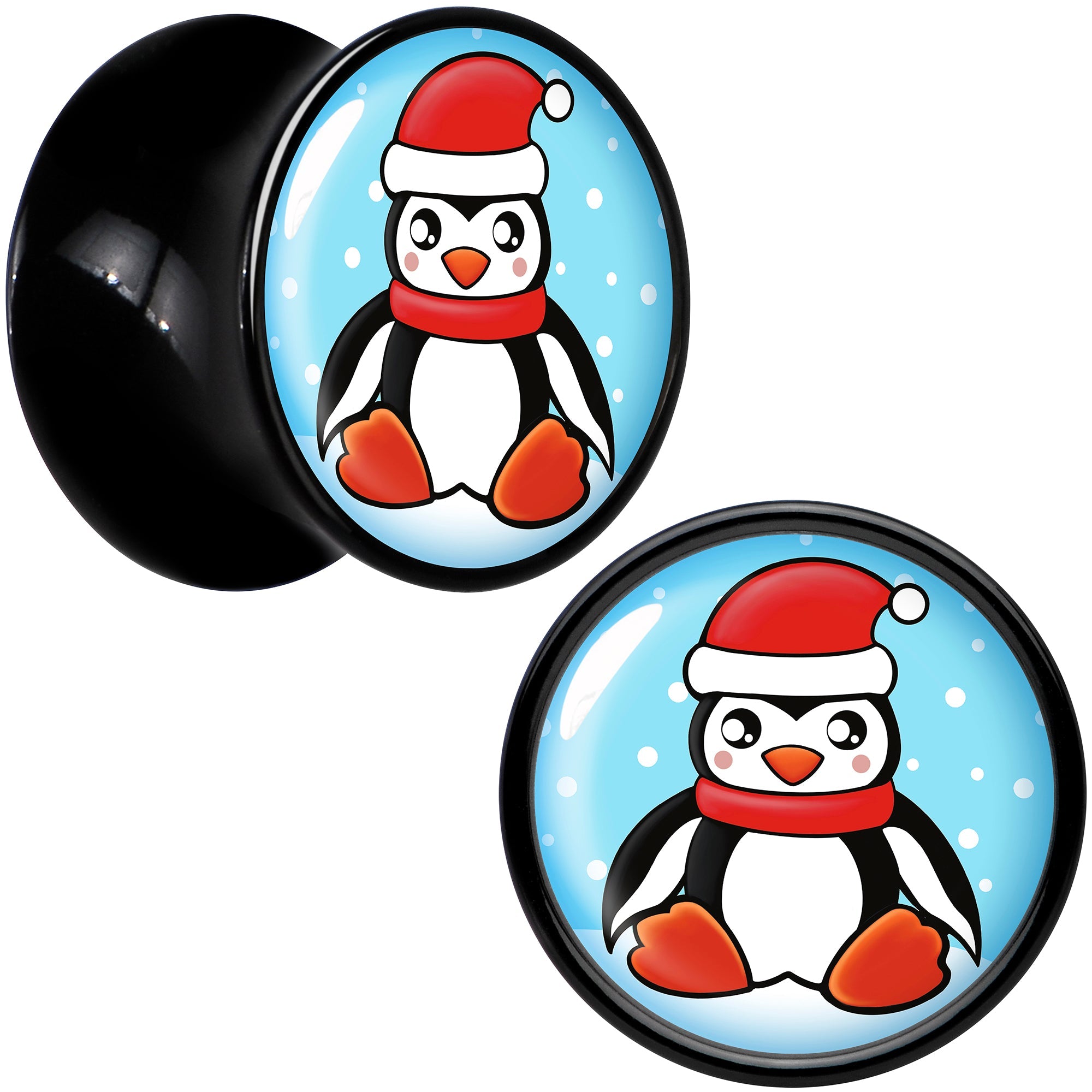BodyCandy Black Acrylic Snowfall Holiday Penguin Double Flare Plug Set by Onyx O — detail close-up