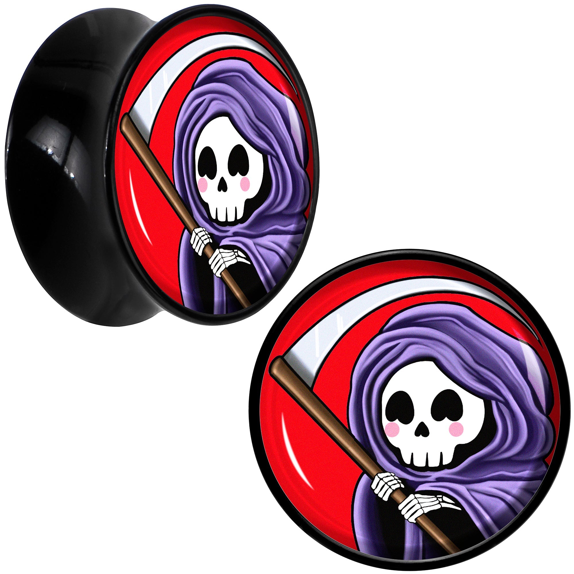 BodyCandy Black Acrylic Grim Reaper Double Flare Plug Set by Onyx O — fabric or material detail