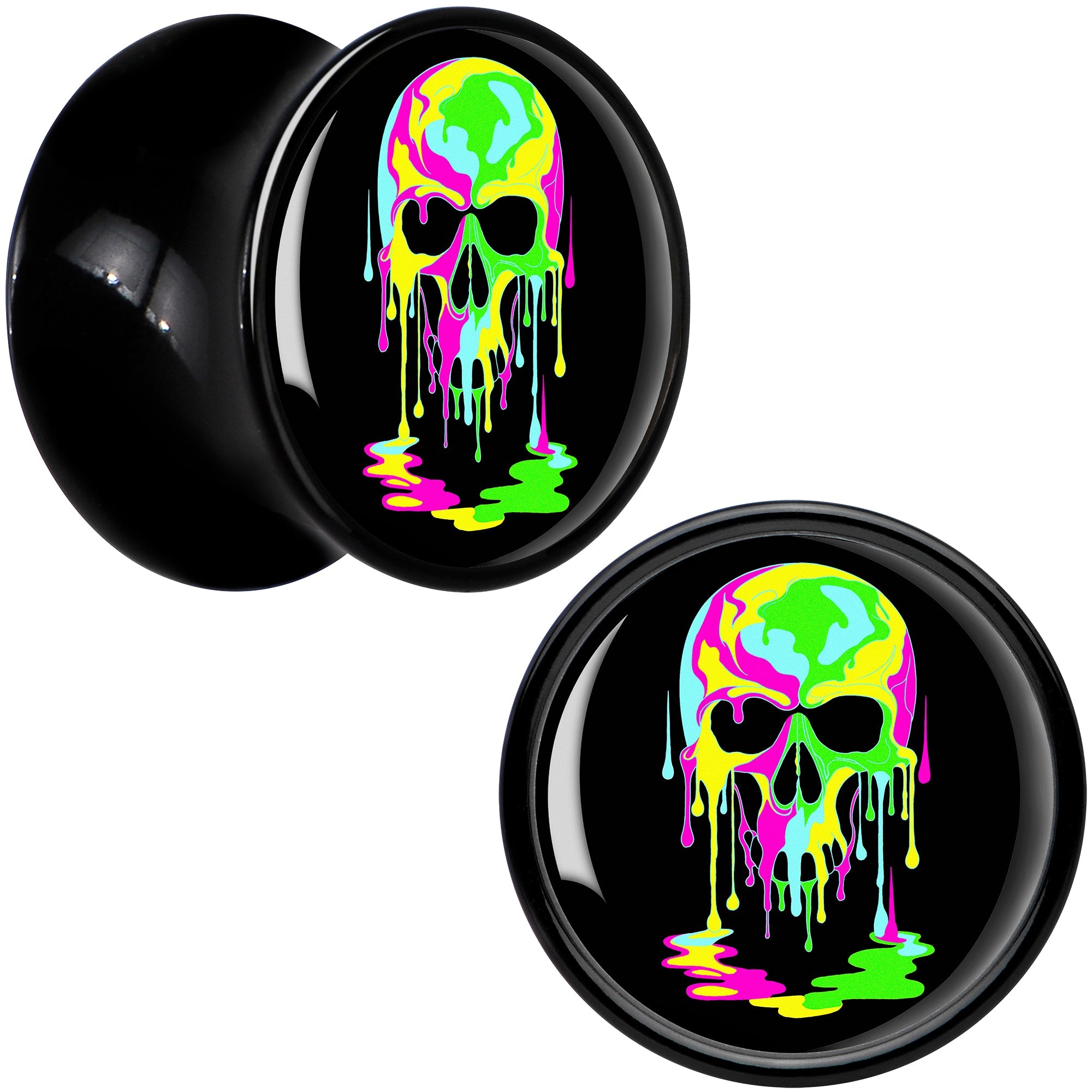 BodyCandy Ultra Bright Melting Skull Black Acrylic Saddle Plug Set by Onyx O — back view