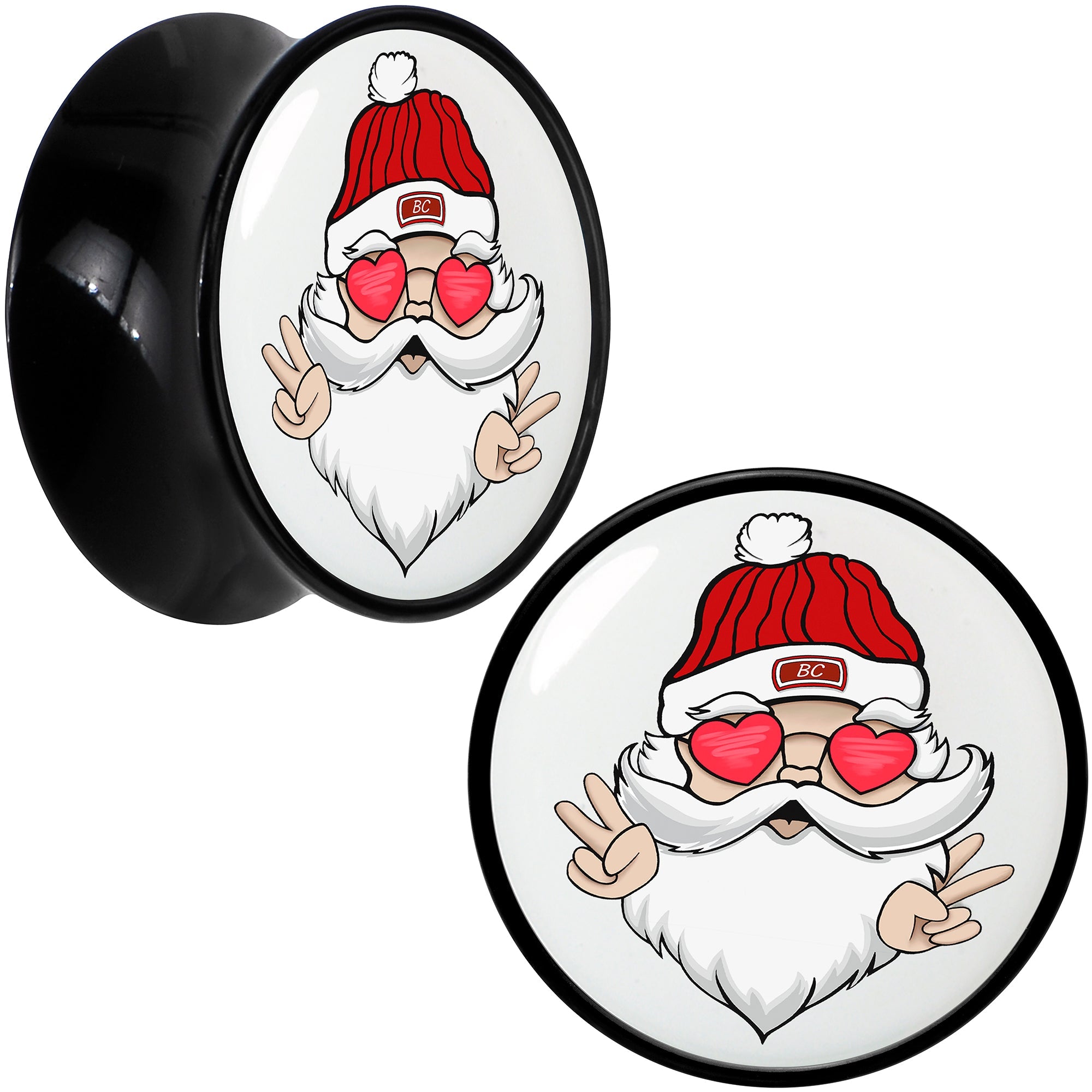 BodyCandy Black Acrylic Christmas Peace Love Santa Double Flare Plug Set by Onyx O — comparison shot