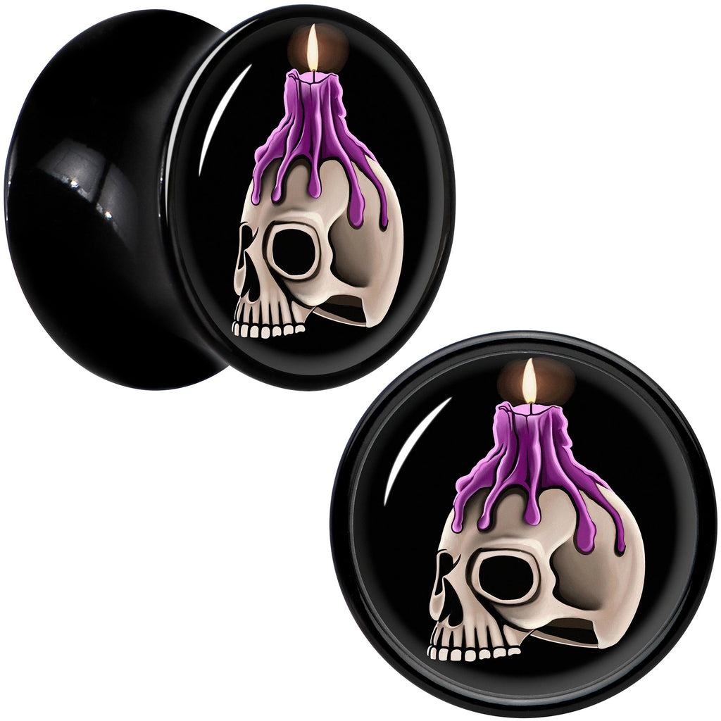BodyCandy Black Acrylic Burning Skull Candle Double Flare Plug Set by Onyx O — detail close-up