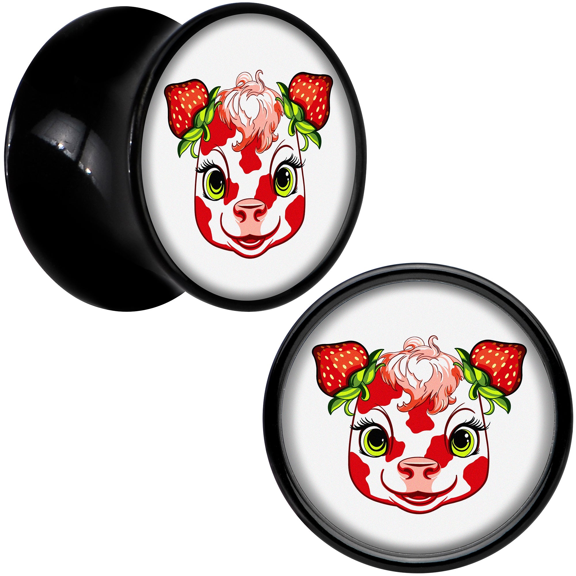 BodyCandy Stawberry Cow Black Acrylic Saddle Plug Set 8mm to 20mm by Onyx O — detail close-up