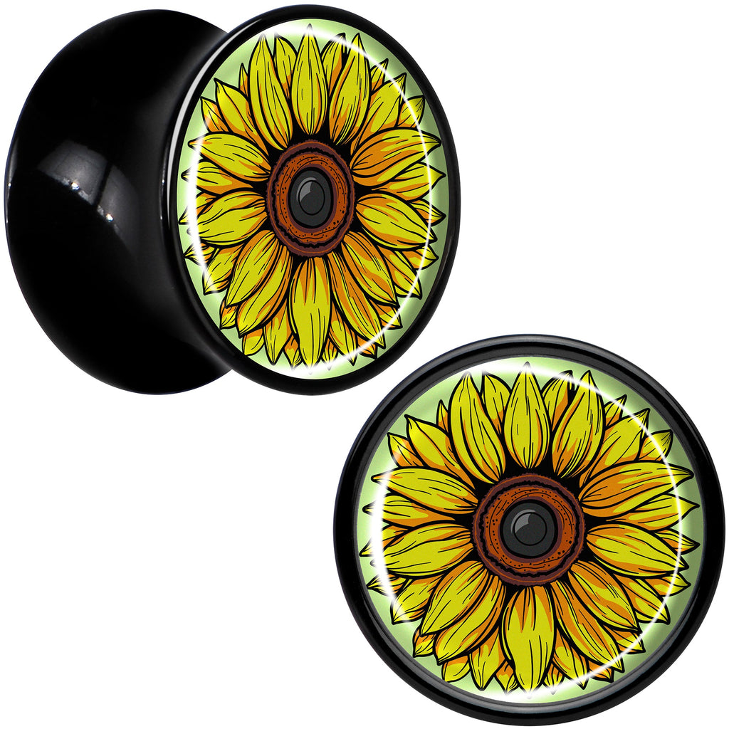 BodyCandy Blossom Creation Yellow Sunflower Black Acrylic Saddle Plug Set by Onyx O — detail close-up