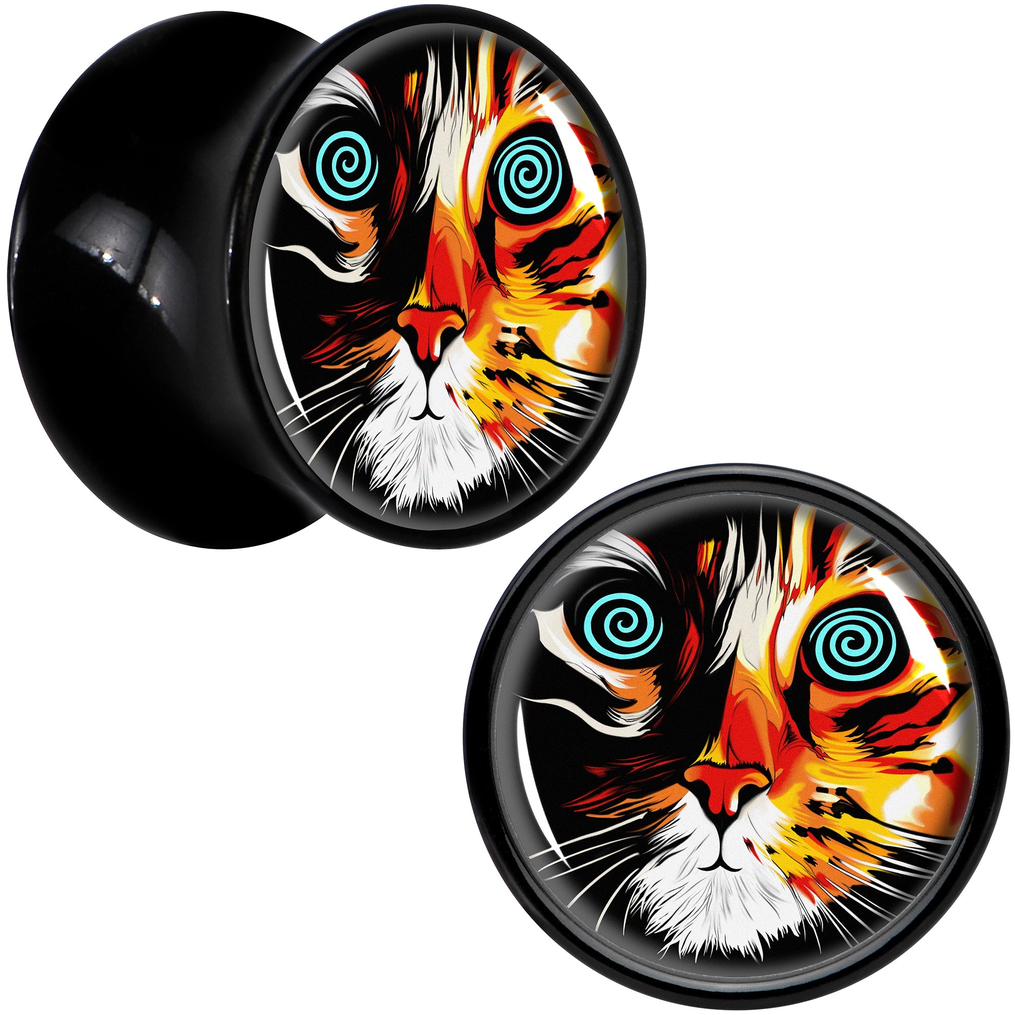 BodyCandy Colorful Trippy Cat Black Acrylic Saddle Plug Set 8mm to 20mm by Onyx O — color detail