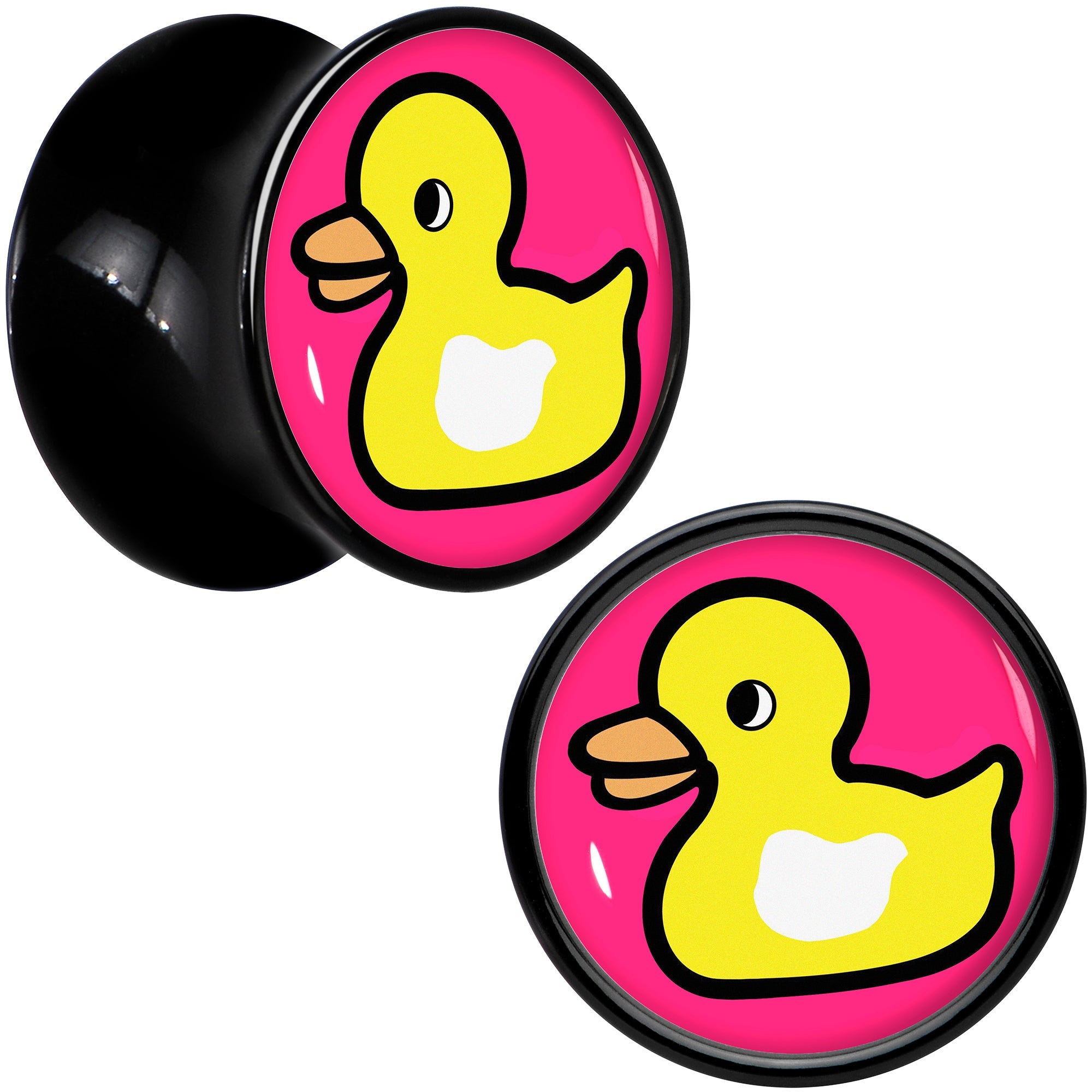 BodyCandy Black Acrylic Yellow Ducky Double Flare Plug Set by Onyx O — detail close-up
