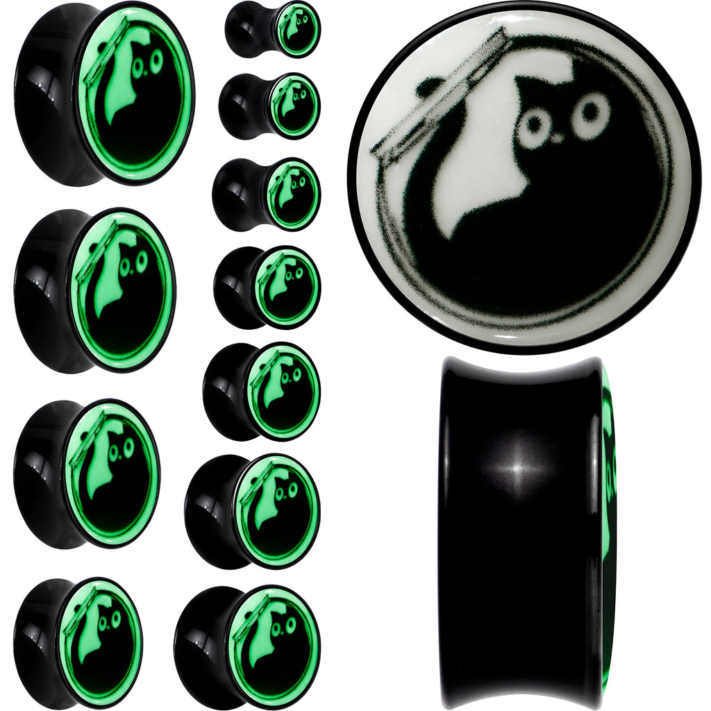 BodyCandy 0G Glow in the Dark Fishbowl Kitty Cat Black Acrylic Saddle Plug Set by Onyx O — main product shot